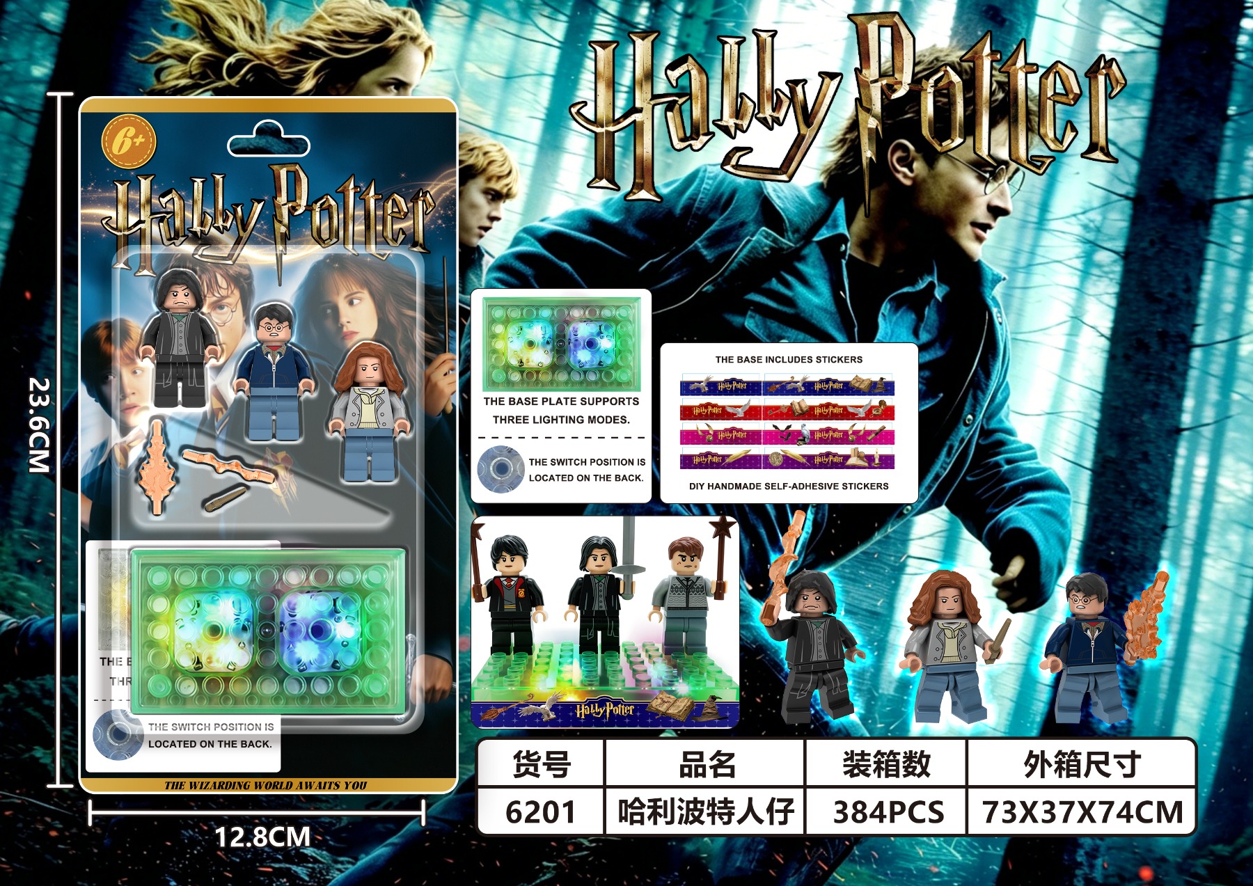 Harry Potter New Brick Mini Figures 3PCS with 3-Level Changing Light Base, Includes Weapons and DIY Stickers