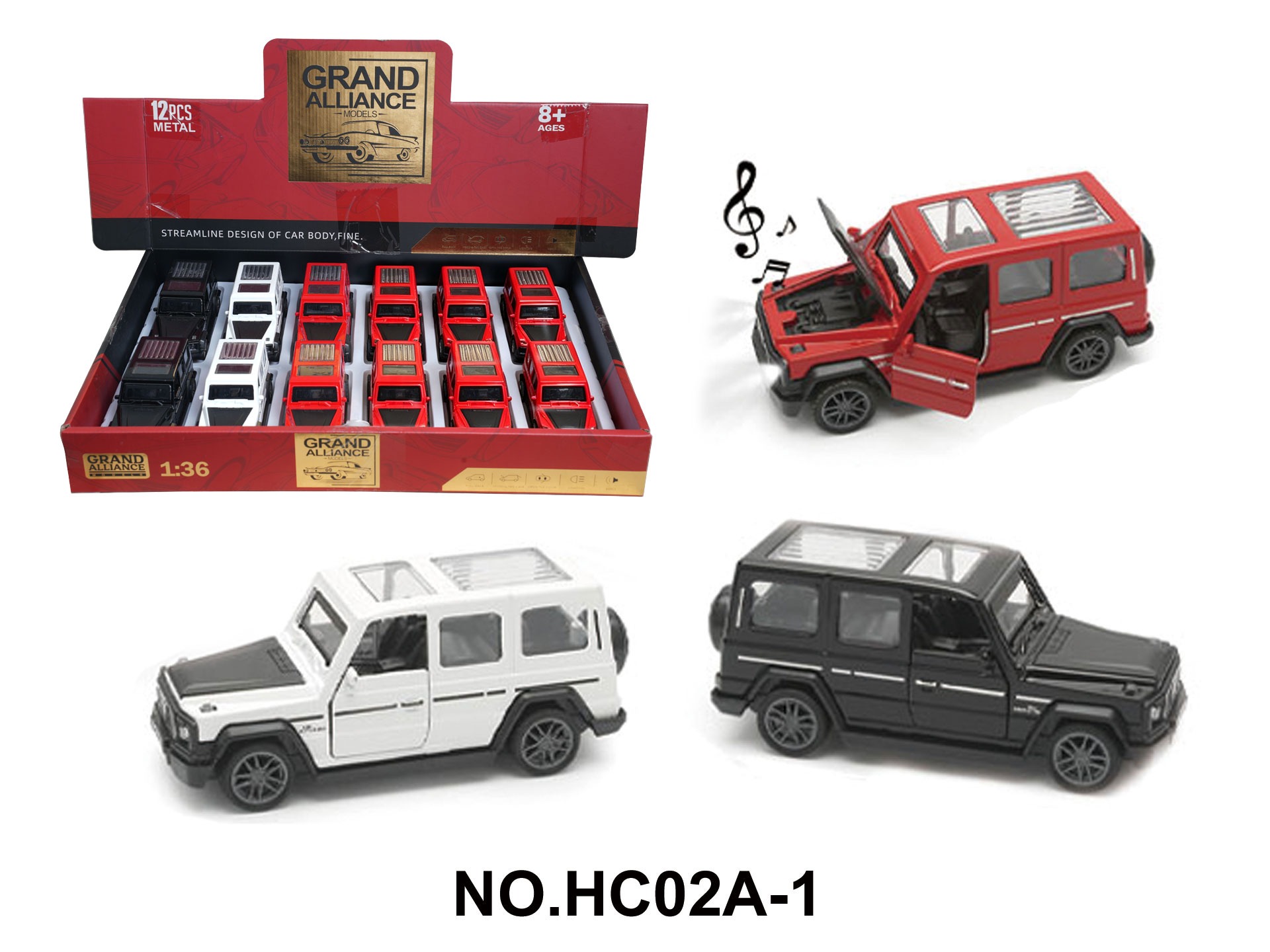 1: 36 cycle alloy car model - Mercedes Benz G63 (12 pieces/display box) with lights, music, and 3 colors mixed design