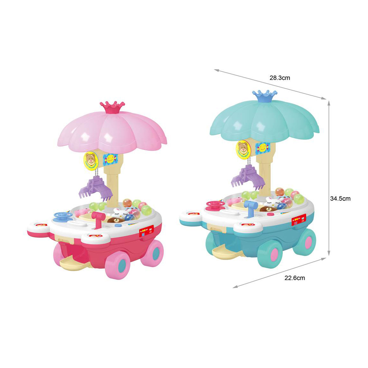 Pretend Play Toy Storage Series Candy Cart Claw Crane Machine with Light & Music 360° Rotation (Includes 5 Plush Toys, 5 Balls, 1 USB Cable, and 8 Tokens)