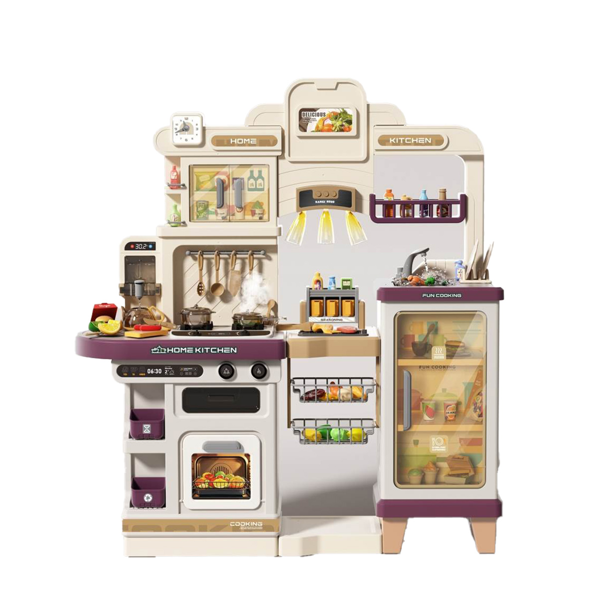 Role-Playing Toy, Tableware Toy, Extra-Large Triple-Unit 110CM Height x 100CM Length Spray BBQ with Water Sound, Light, Music Box, and Water Dispenser (93-Piece Accessories)