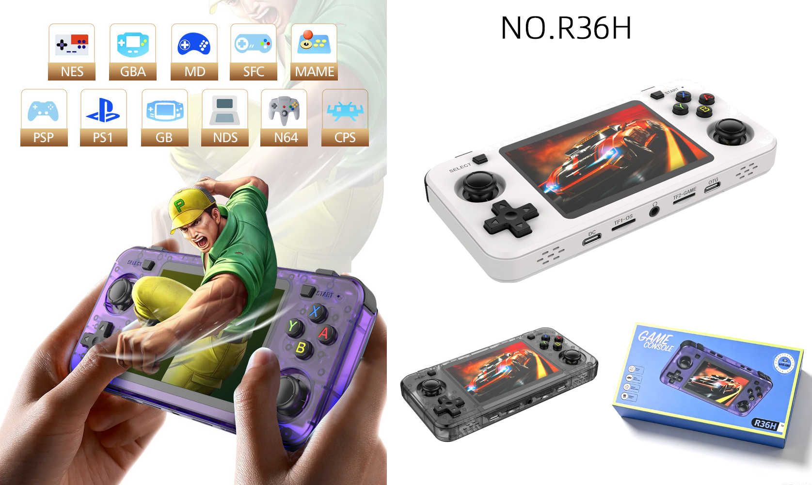 R36H Open-Source Handheld Gaming Console Portable Retro Game Player with Nostalgic Linux System 3.5-inch IPS Full-Laminated Screen (64GB Memory, 10,000+ Games)