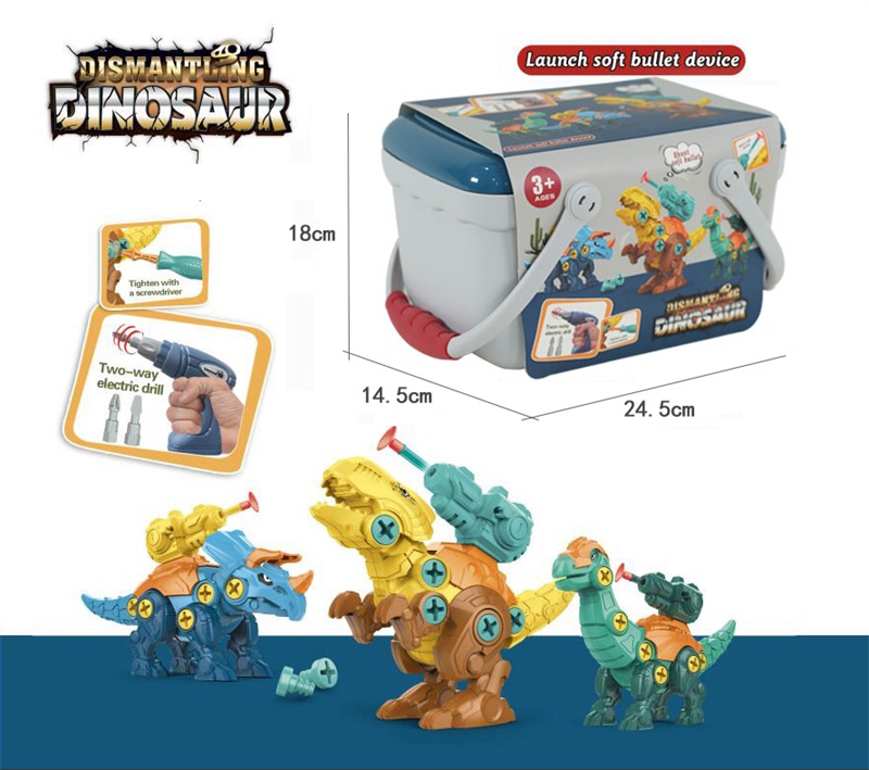 Electric 3-in-1 Build & Dismantle Dinosaur Set (T-Rex/Triceratops/Brachiosaurus) - Includes 2 Interchangeable Electric Drill Bits & 3 Manual Screwdrivers