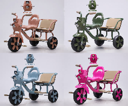 Hebei Kids Tricycle - Double-Seat Stroller with Basket, Lights, and Music (Orange-Brown, Cute Wood Green, Jade Blue, Lotus Pink)
