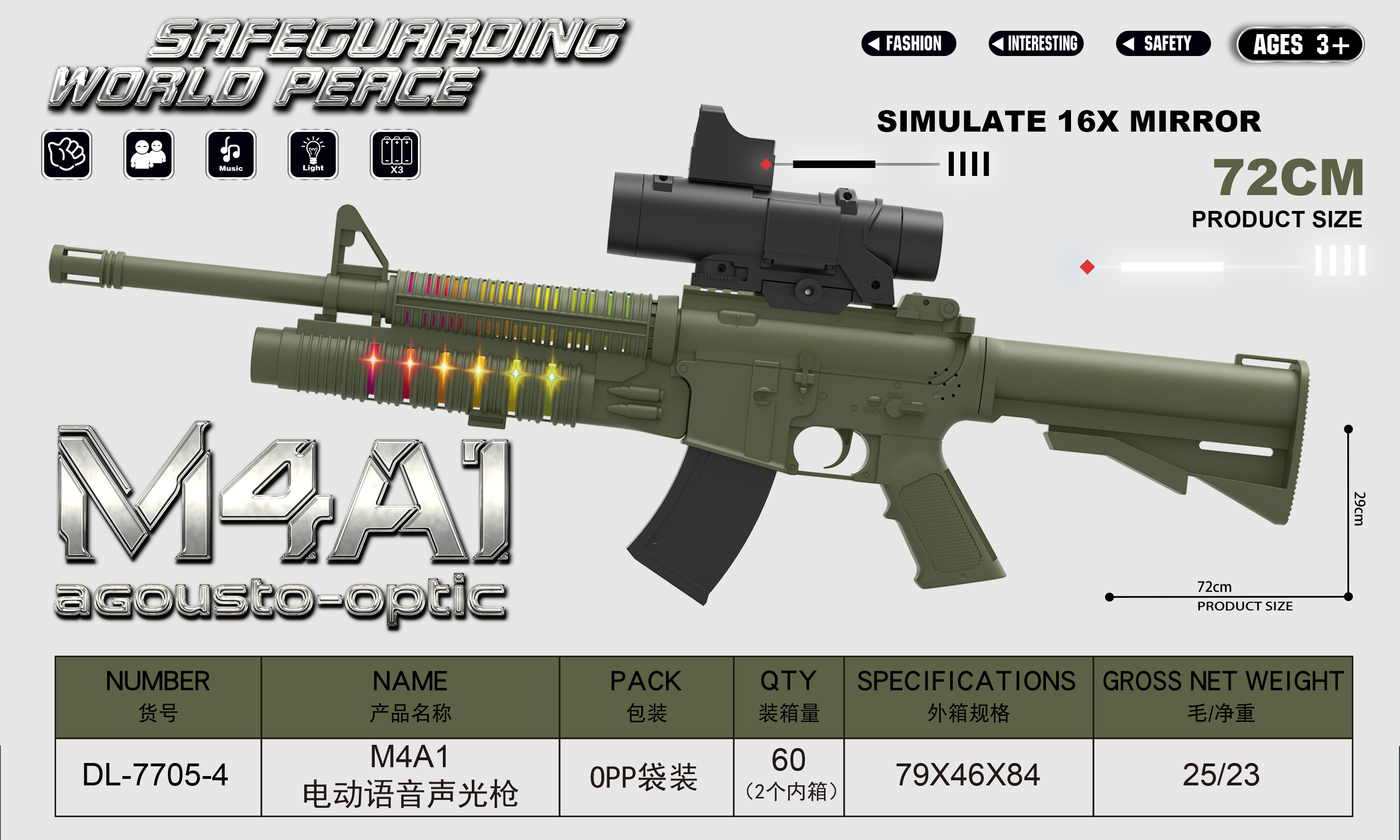 M4A1, Electric Toy Gun, with 16x Train Head Simulation Scope, Simulation Gun, Musical Gun, Sound and Light Gun, Voice Gun, (Army Green)