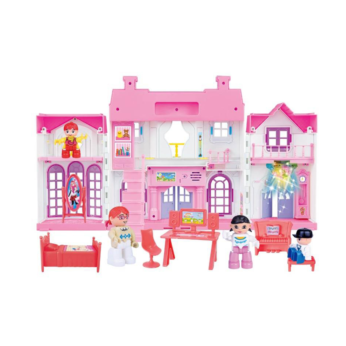Role-Play Toy Castle/Mansion Playset for Family of Four with Stairs (Includes Light-Up Doorbell with Dog Sound, Requires 2 AA Batteries Not Included; Multicolor Chandelier Includes 3 AG13 Batteries)