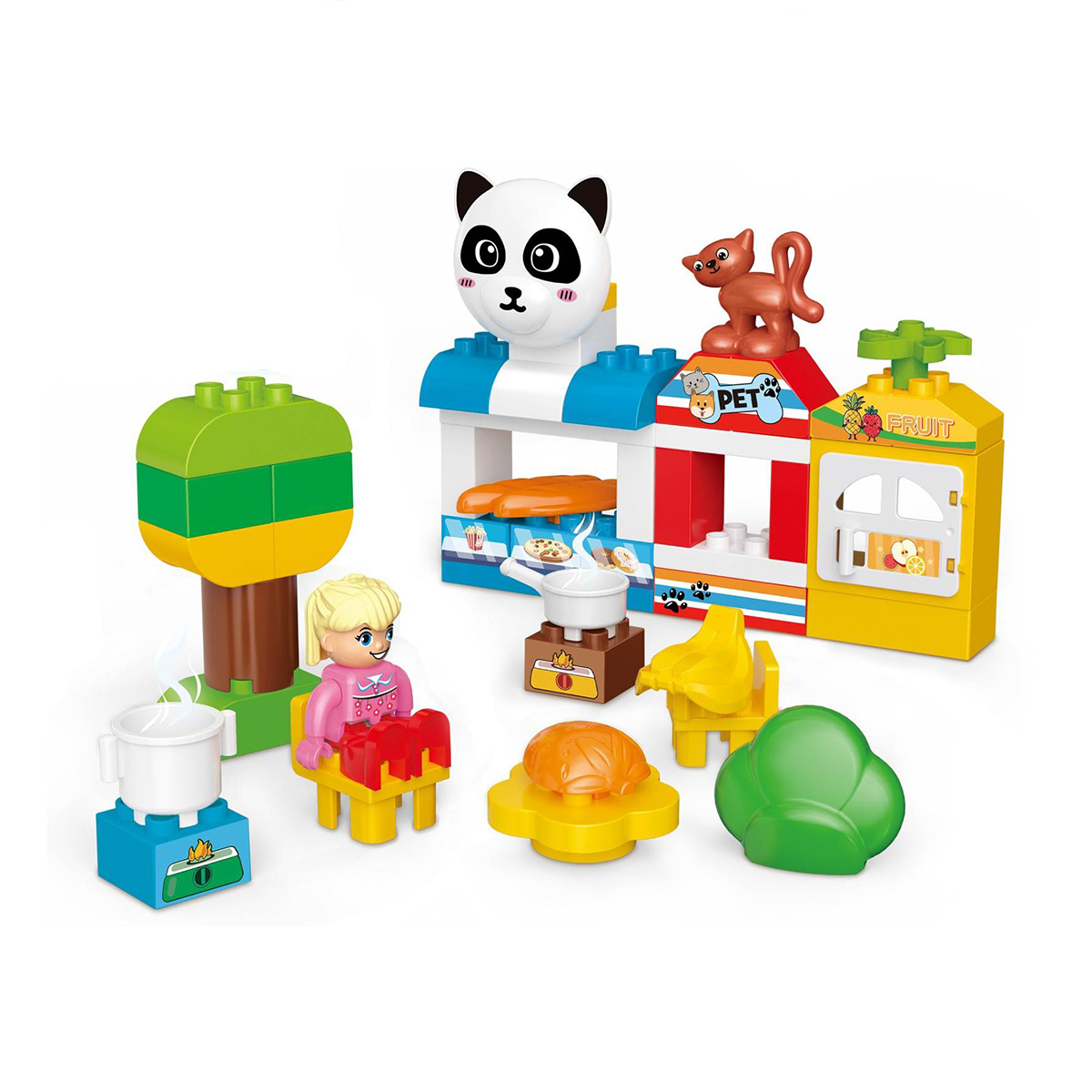DIY Toy Building Blocks Panda City Square Pet Shop Fruit Store Compatible with LEGO Large Particle Bricks Educational Science Puzzle Stress Relief Role-Playing Cartoon Toy 45PCS