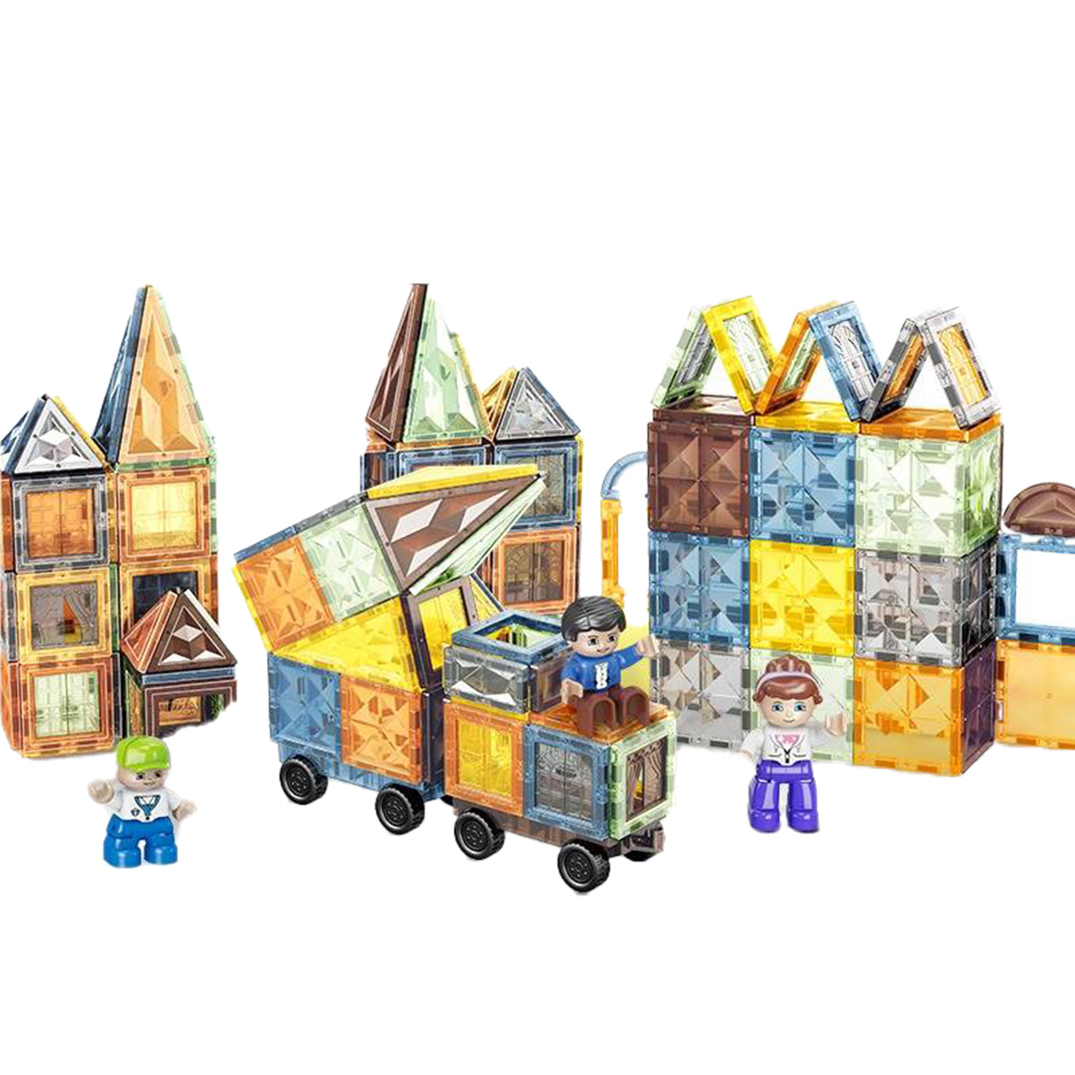 DIY Toy Building Blocks 5D Diamond Magnetic Tiles 158pcs + 2 Cars [Large Storage Bin] + 4 Free Figurines + Free Stickers + Instruction Manual (Magnetic Building Blocks Colorful Window Tiles Magnetic Construction Toys)