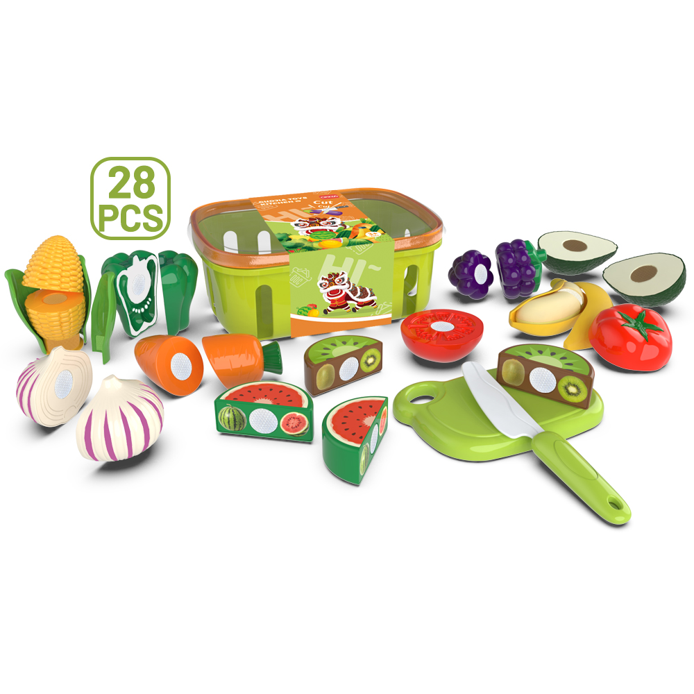 Low Basket Fruit & Vegetable Cutting 13-Piece Set, Kids Pretend Play Fruit and Veggie Cutting Toys, Storage Basket Included, Amazon Cross-Border New Arrival, Slicable Fruits and Vegetables with Surrounding Card Packaging