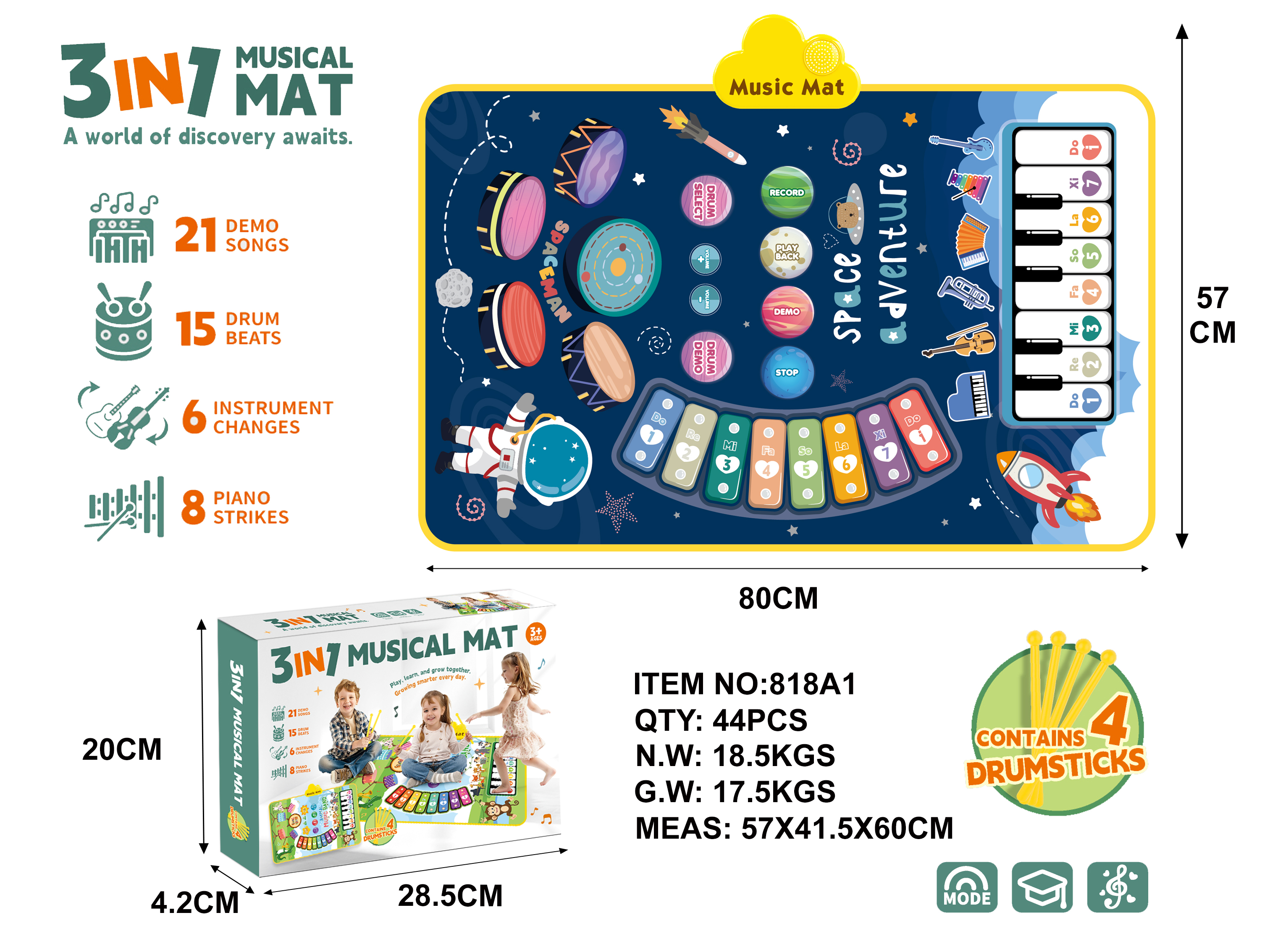 3-in-1 Starry Astronaut Themed Kids' Jazz Drum Mat, Piano Mat, Xylophone Mat, Crawling Playmat, and Dance Pad