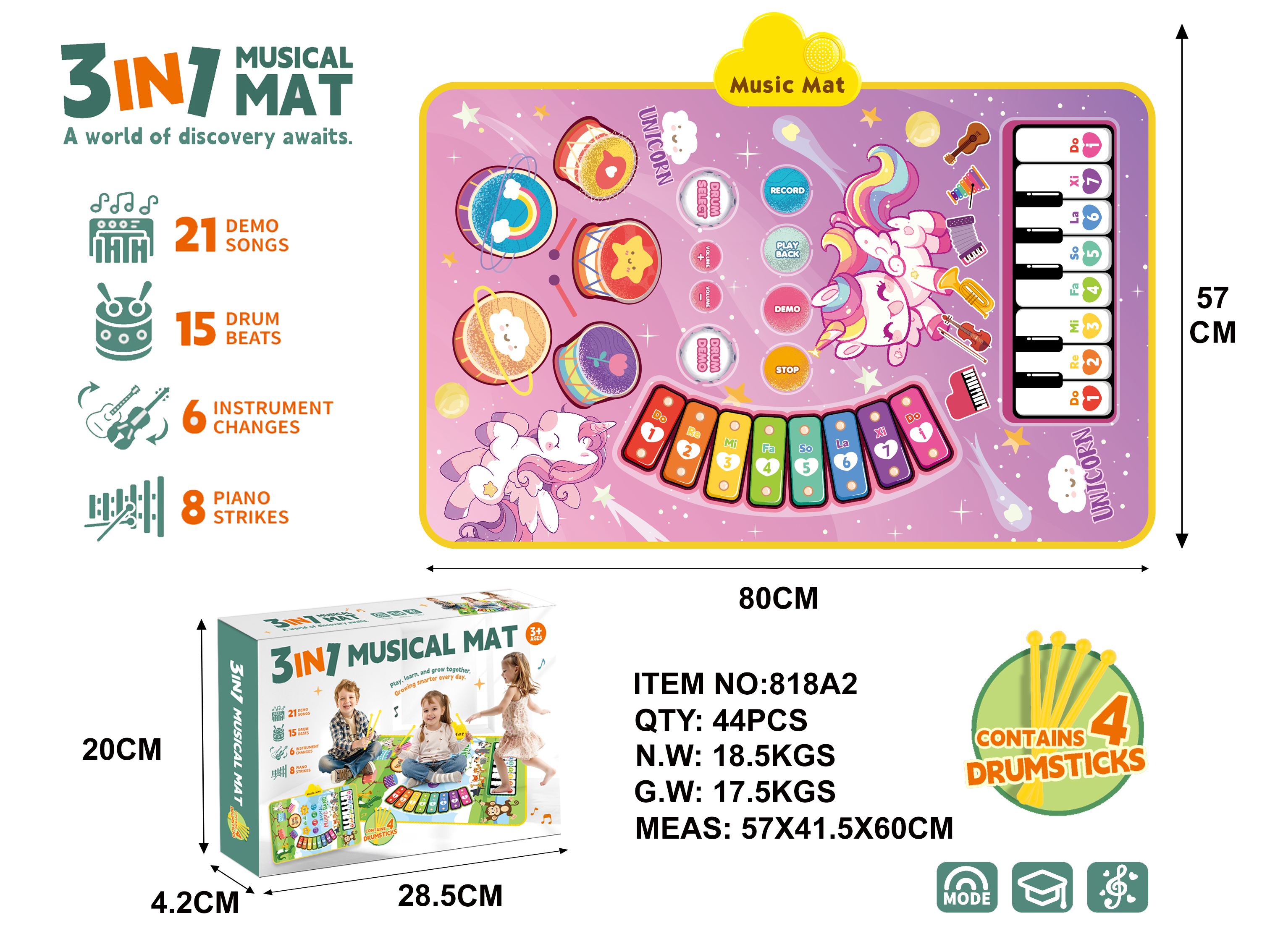 3-in-1 Unicorn Style Children's Jazz Drum Mat, Piano Mat, Xylophone Mat, Crawling Rug, and Dance Pad