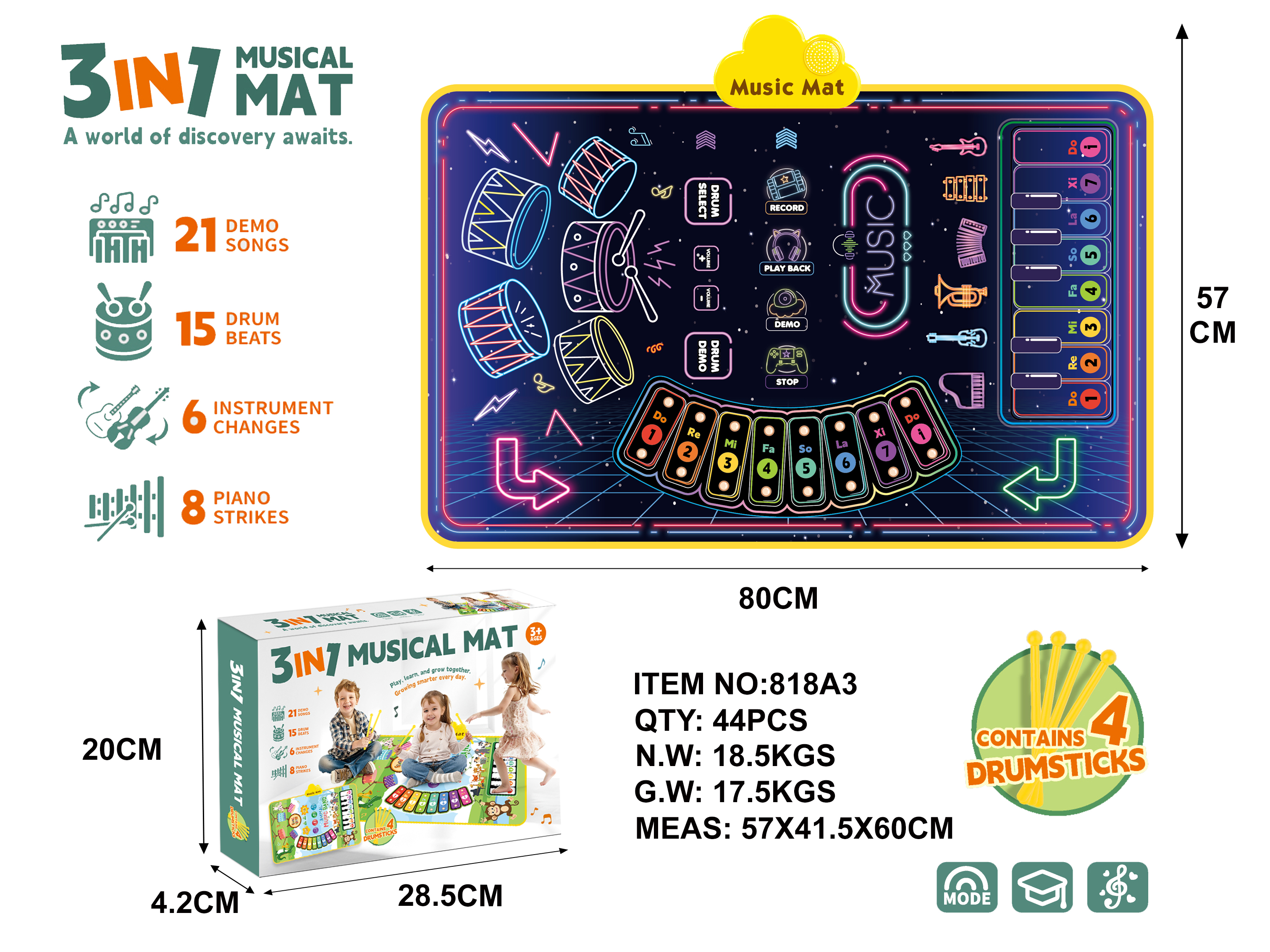 3-in-1 Musical Instrument Set: Kids Jazz Drum Pad, Xylophone Mat, Crawling Play Mat, Foot Tap Dance Mat