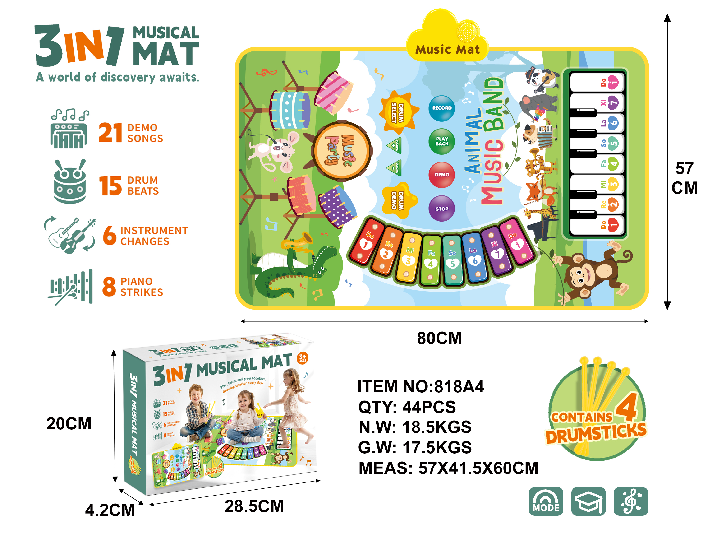 3-in-1 Zoo-themed Kids Jazz Drum Mat, Xylophone Mat, Crawling Rug, and Dance Pad