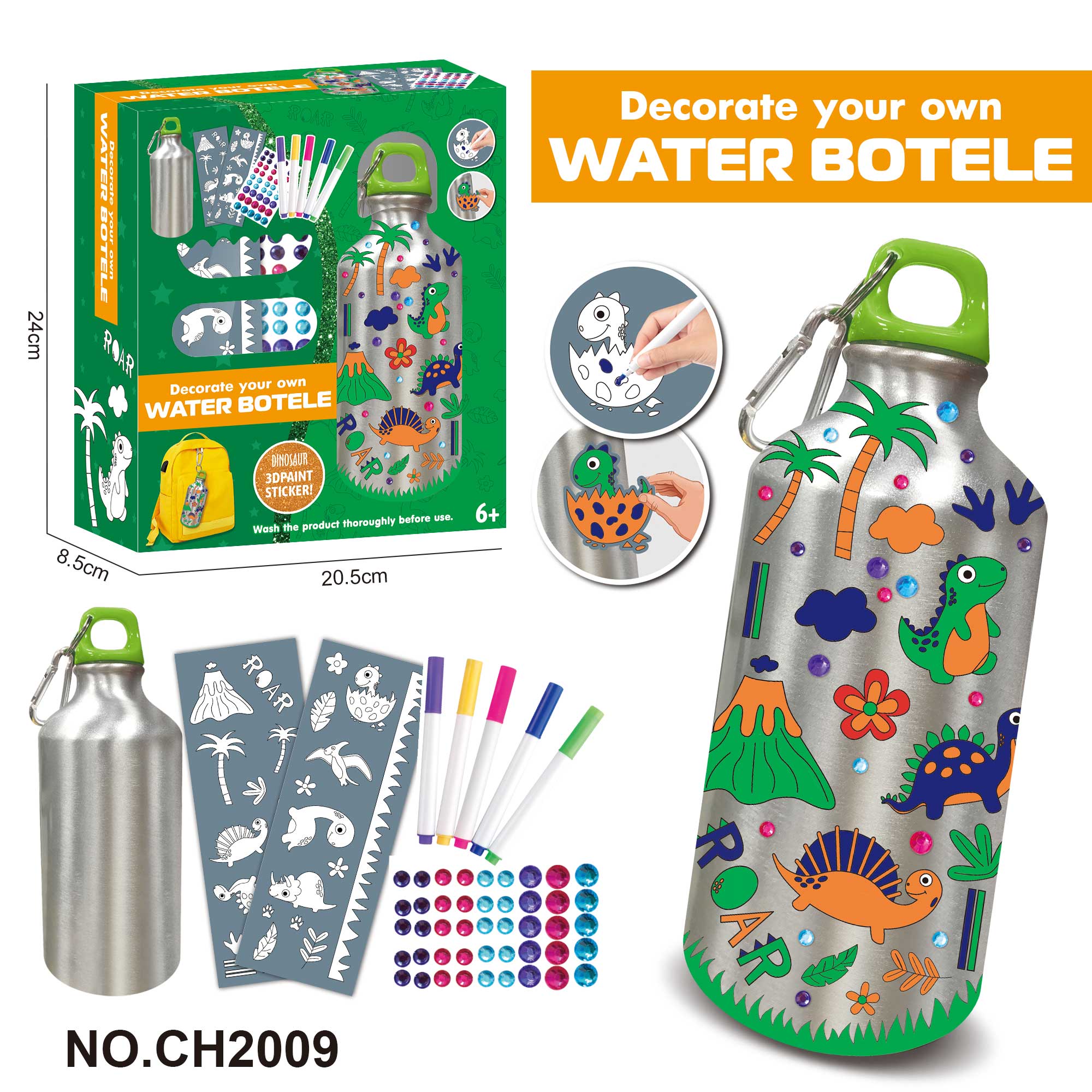 DIY Dinosaur Sticker Doodle Water Bottle (500ML, 5-Color Watercolor Markers)
