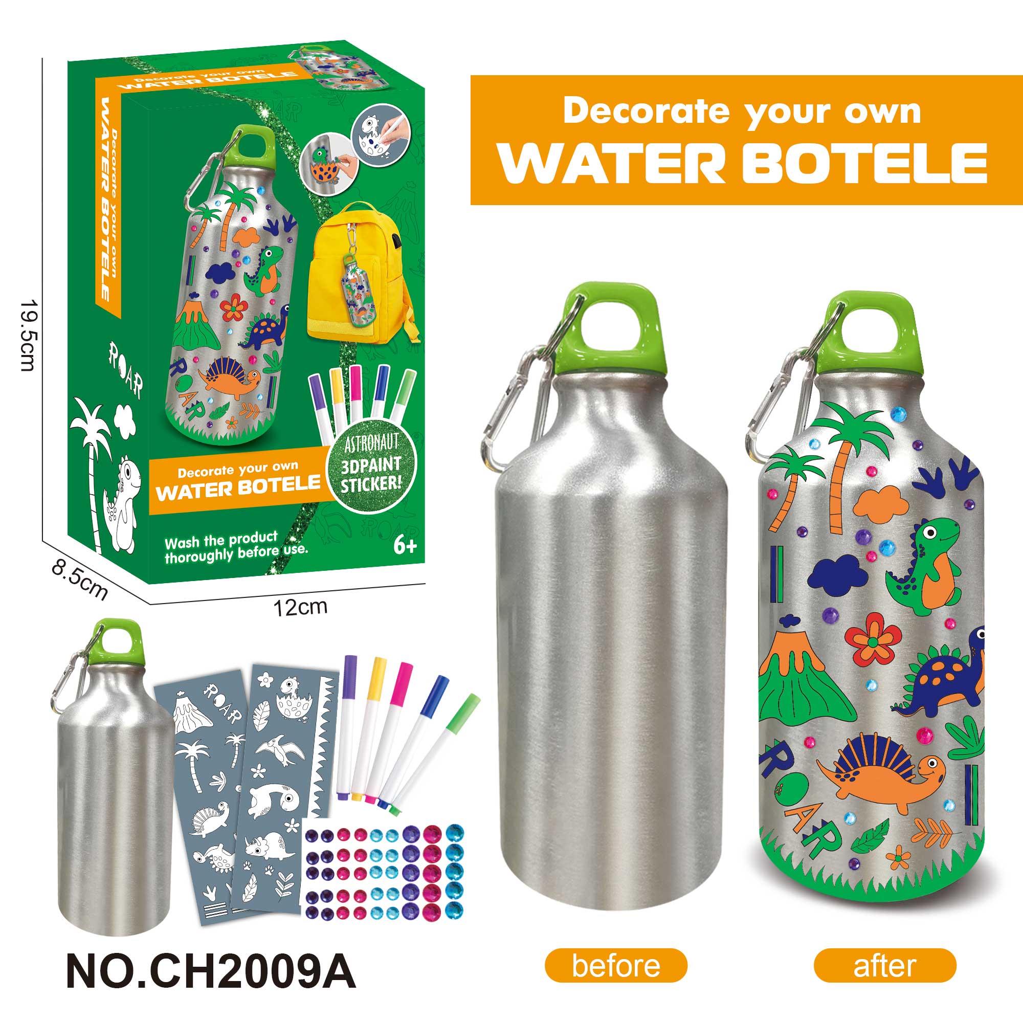 DIY Dinosaur Sticker Doodle Water Bottle (500ML, 5-Color Watercolor Markers)