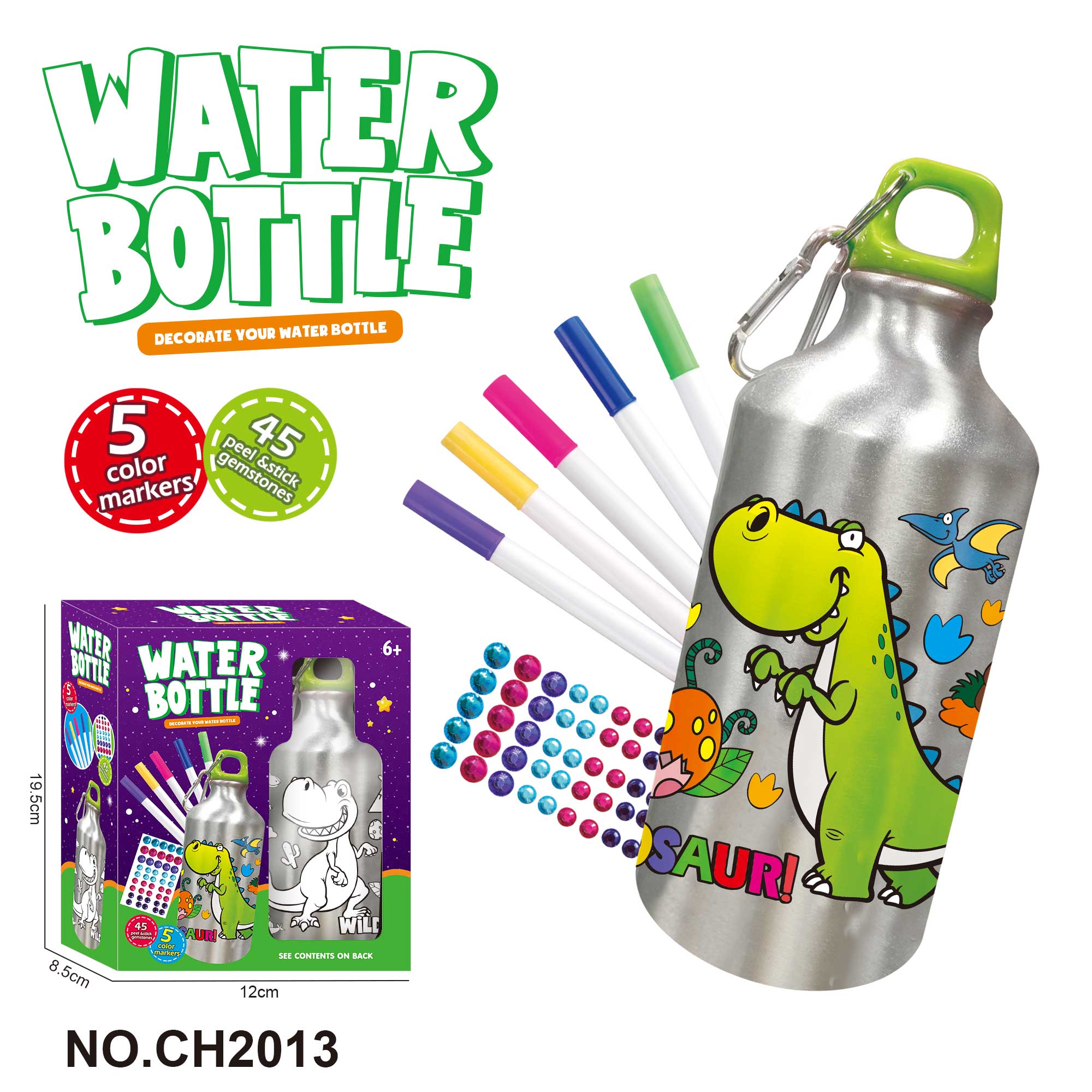 DIY Dinosaur Doodle Water Bottle (500ML 5-Color Watercolor Markers)