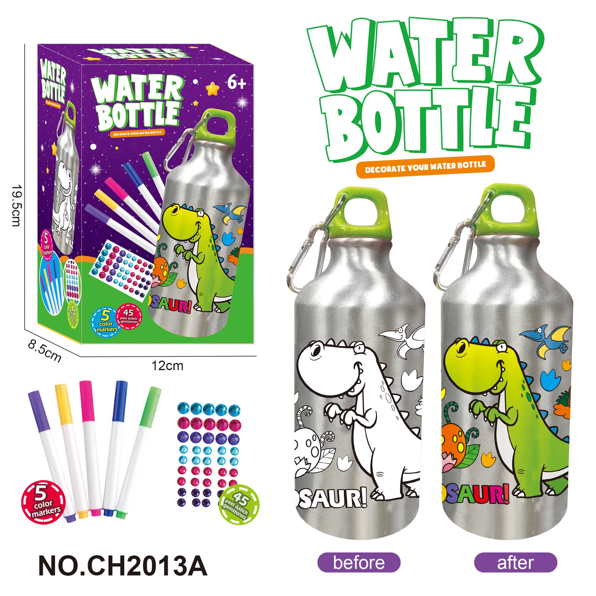 DIY Dinosaur Doodle Water Bottle (500ML 5-Color Watercolor Markers)