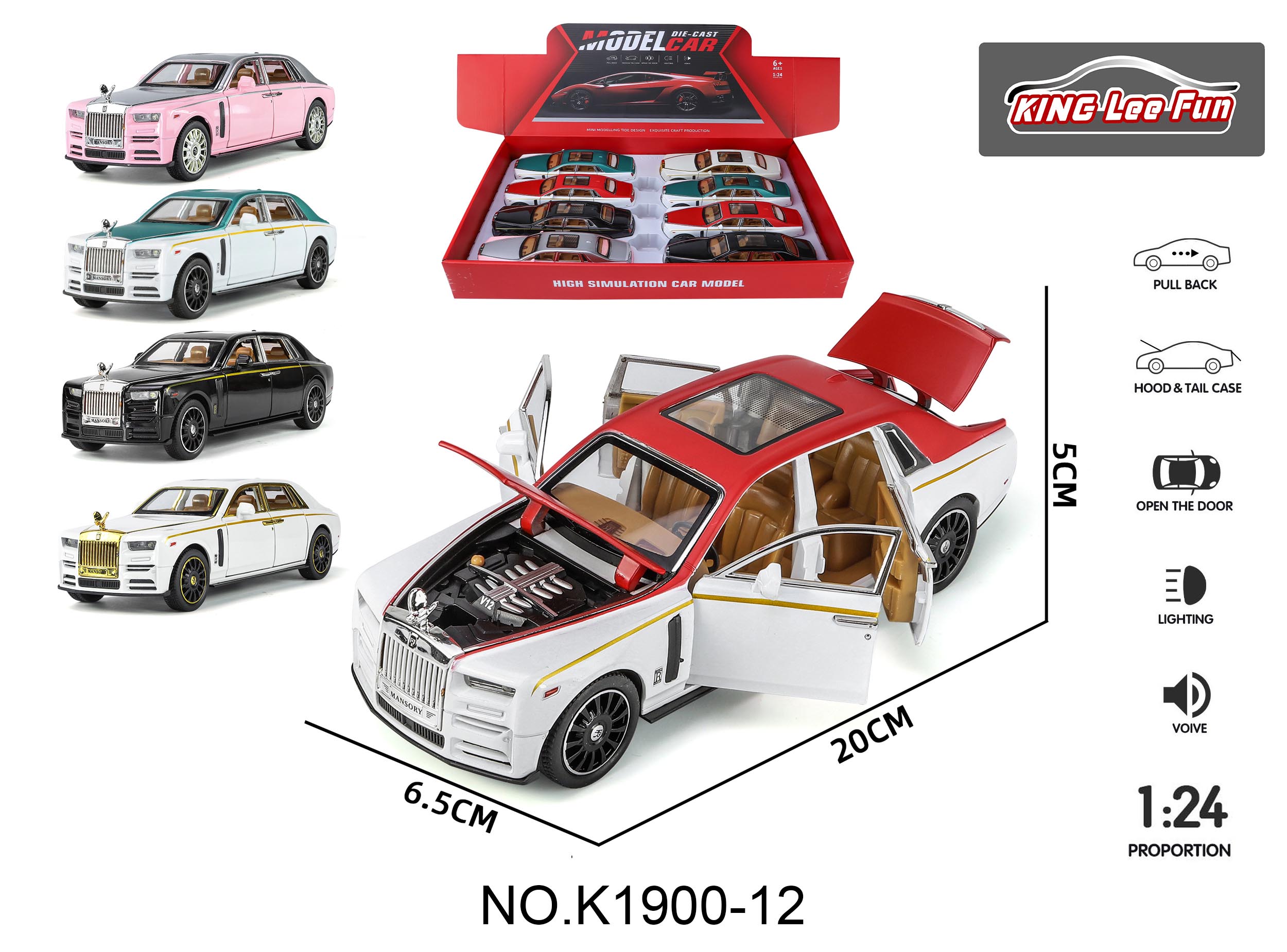 1:24 Rolls-Royce Phantom 6-Piece Display Set with Opening Doors, Sound, Light, Music, and Pull-Back Alloy Car
