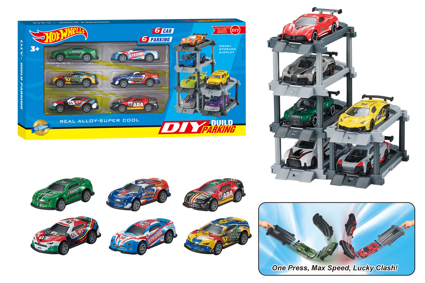 1:64 Diecast Metal Car DIY Parking Lot with Launcher + 6 Cars & 6 Parking Spaces, Featuring Ejector & Pull-Back Action