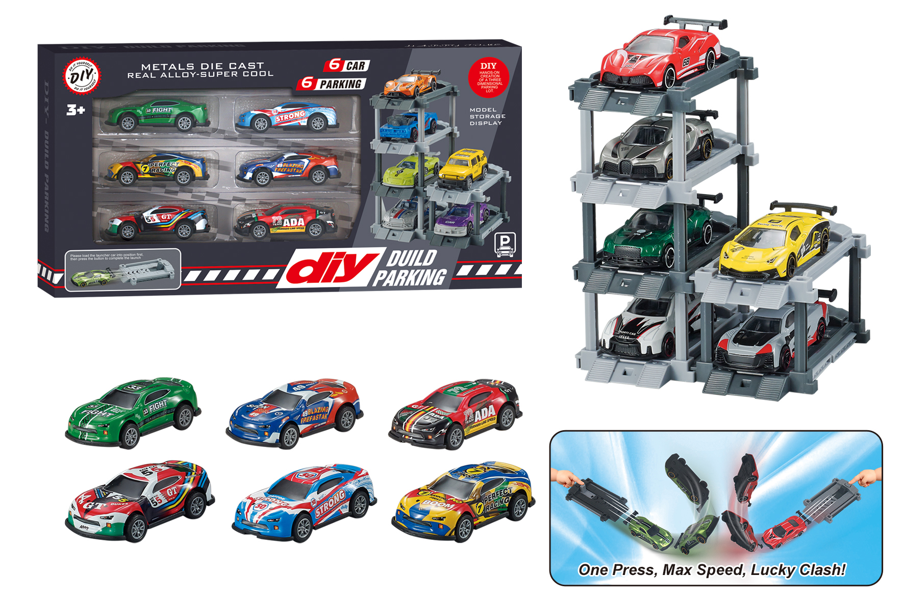1:64 Diecast Metal Car DIY Parking Lot with Launcher + 6 Cars & 6 Parking Spaces, Featuring Ejector & Pull-Back Action