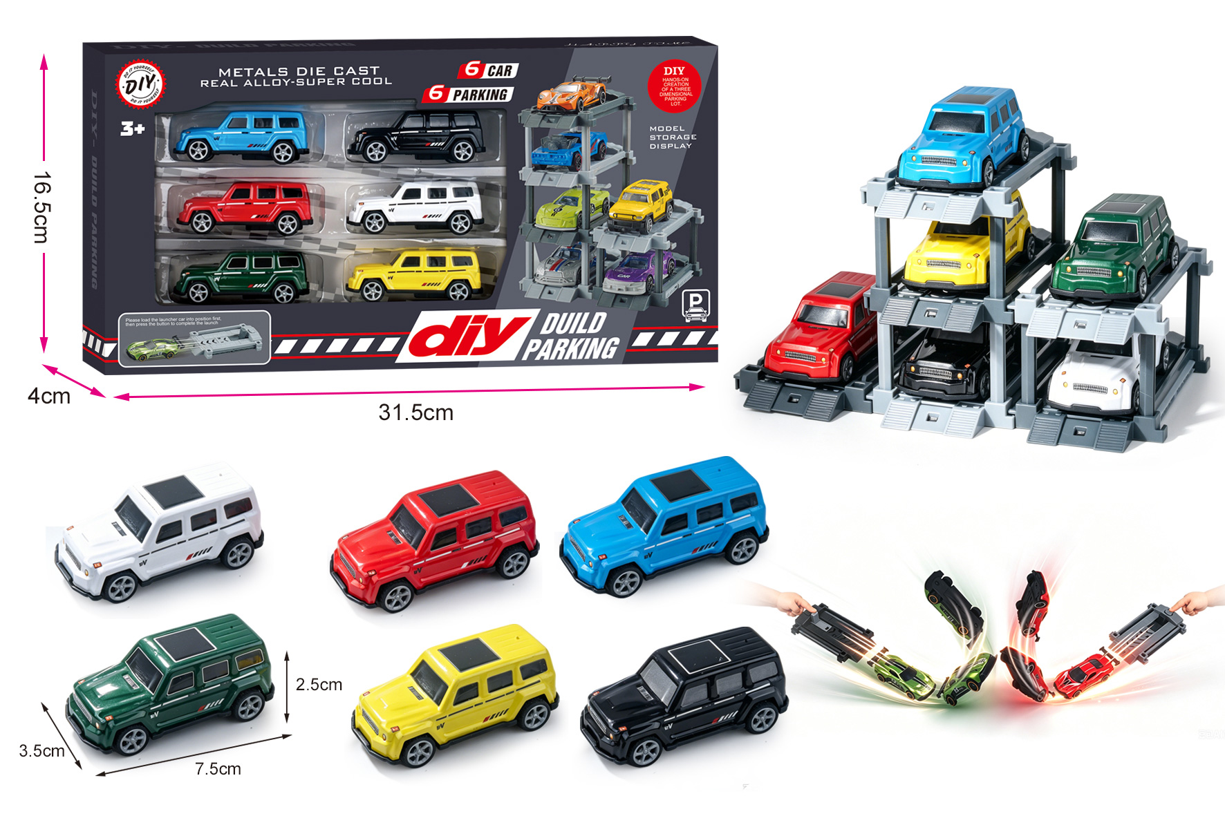 1:64 Diecast Car DIY Parking Lot with Launcher + 6 Cars & 6 Parking Spaces, Featuring Catapult & Pull-Back Action
