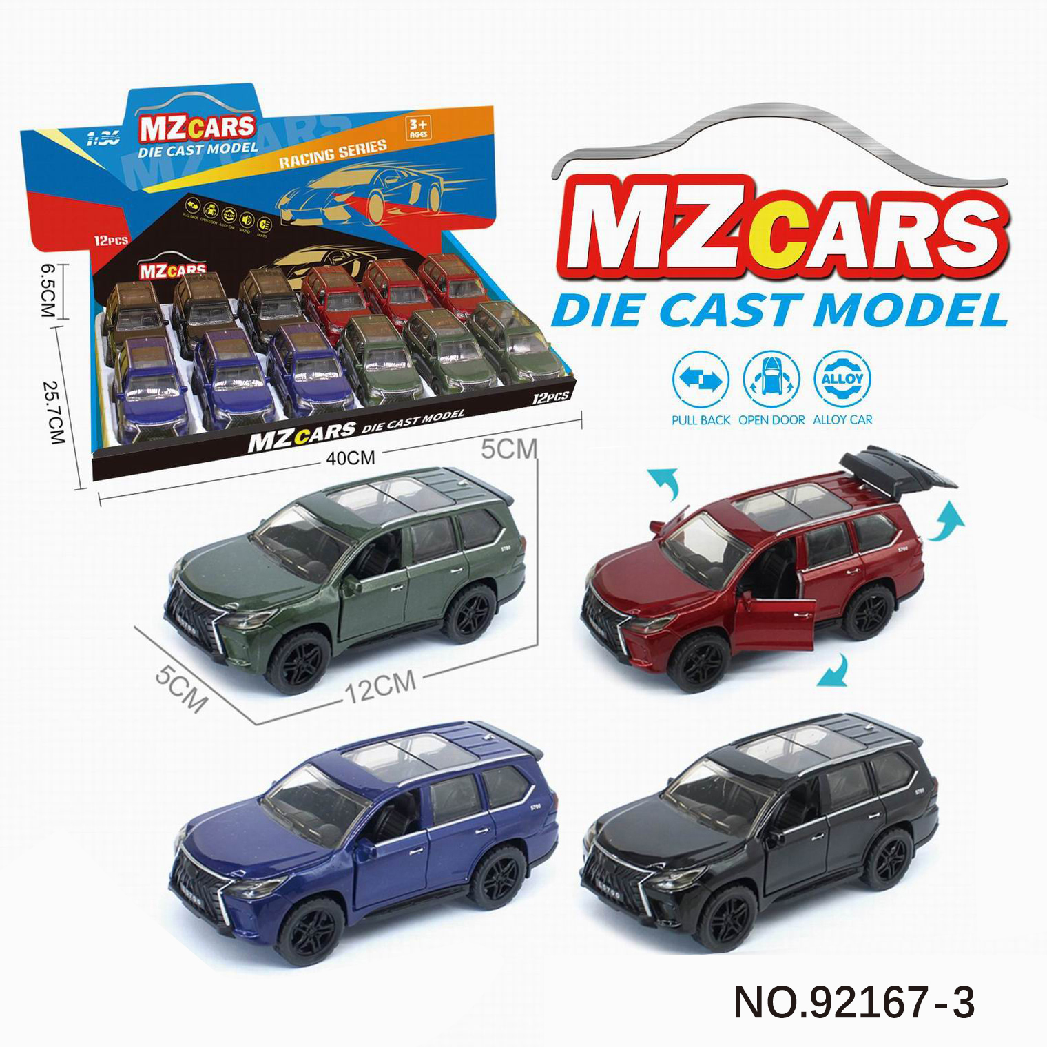 1/36 Alloy Die-Cast Model Car with 3 Opening Doors, Pull-Back Off-Road Vehicle, 4 Colors Assorted