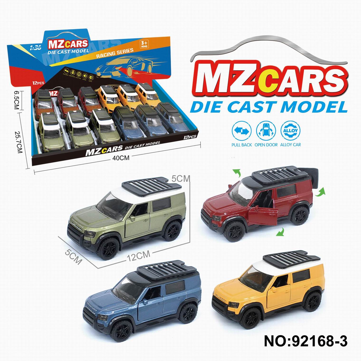 1/36 Alloy Die-Cast Model Car with 3 Opening Doors, Pull-Back Off-Road Vehicle, 4 Colors Assorted