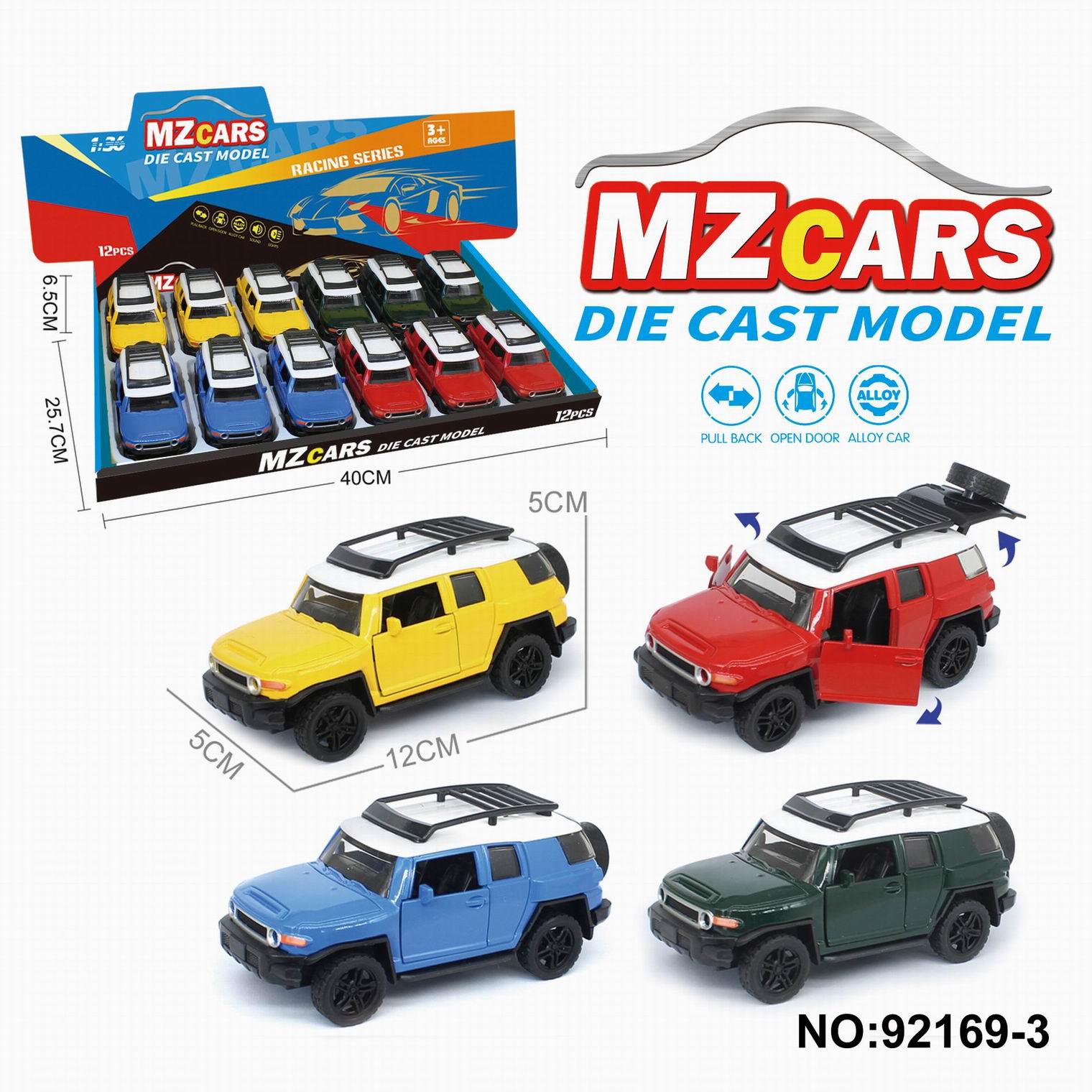 1/36 Alloy Die-Cast Model Car with 3 Opening Doors, Pull-Back Off-Road Vehicle, 4 Colors Assorted