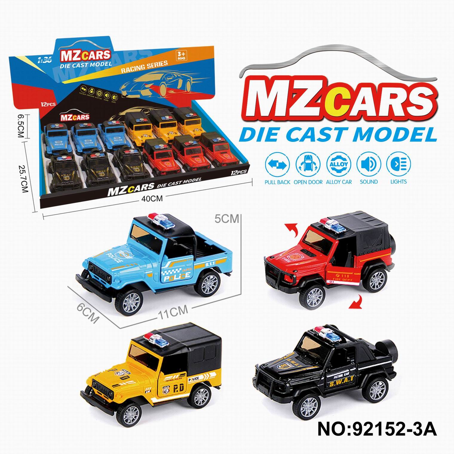 1/36 Alloy Off-Road Model Car with Opening Doors, 4 Styles & 4 Colors Mixed Pack (Police Car Edition) (English Police Car) (Sound & Light Version)