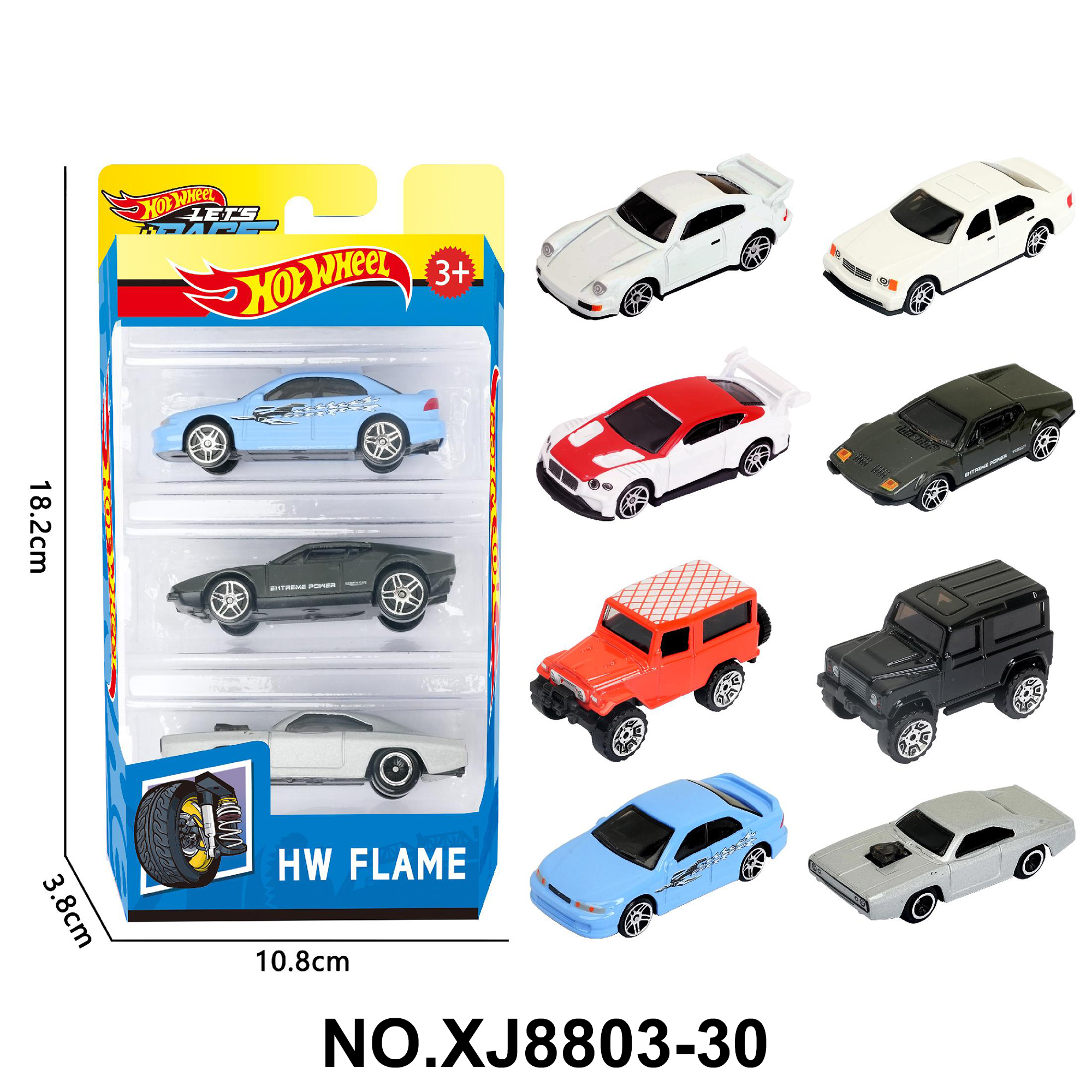 8-Piece 1:64 Hot Wheels Alloy Cars Set, Including Muscle Cars, Off-Road Vehicles, and Sports Cars, 3-Pack