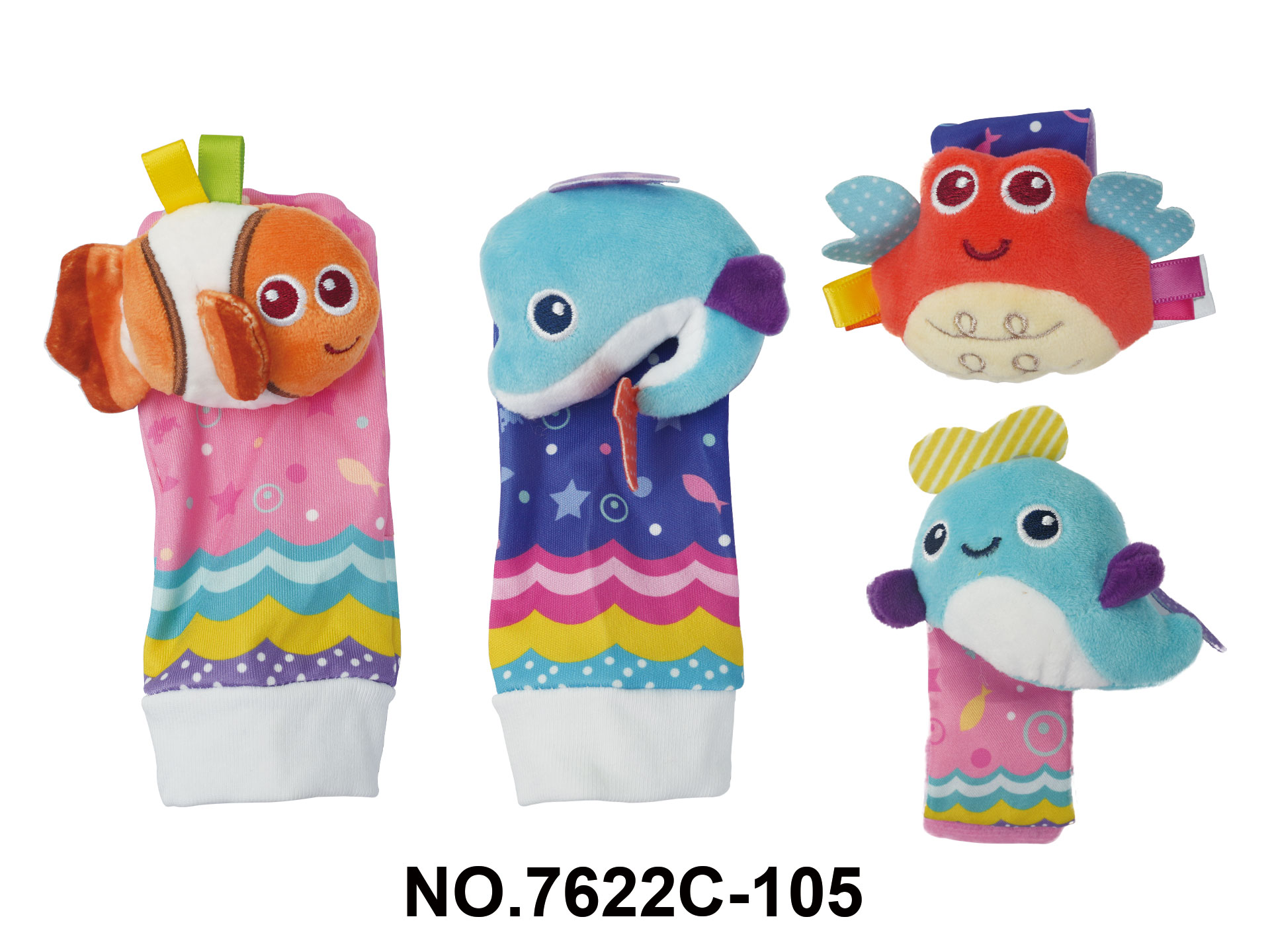 Baby Plush Toy 4-Piece Set - Colorful Striped Ocean Animal Wristbands + Rattle Socks