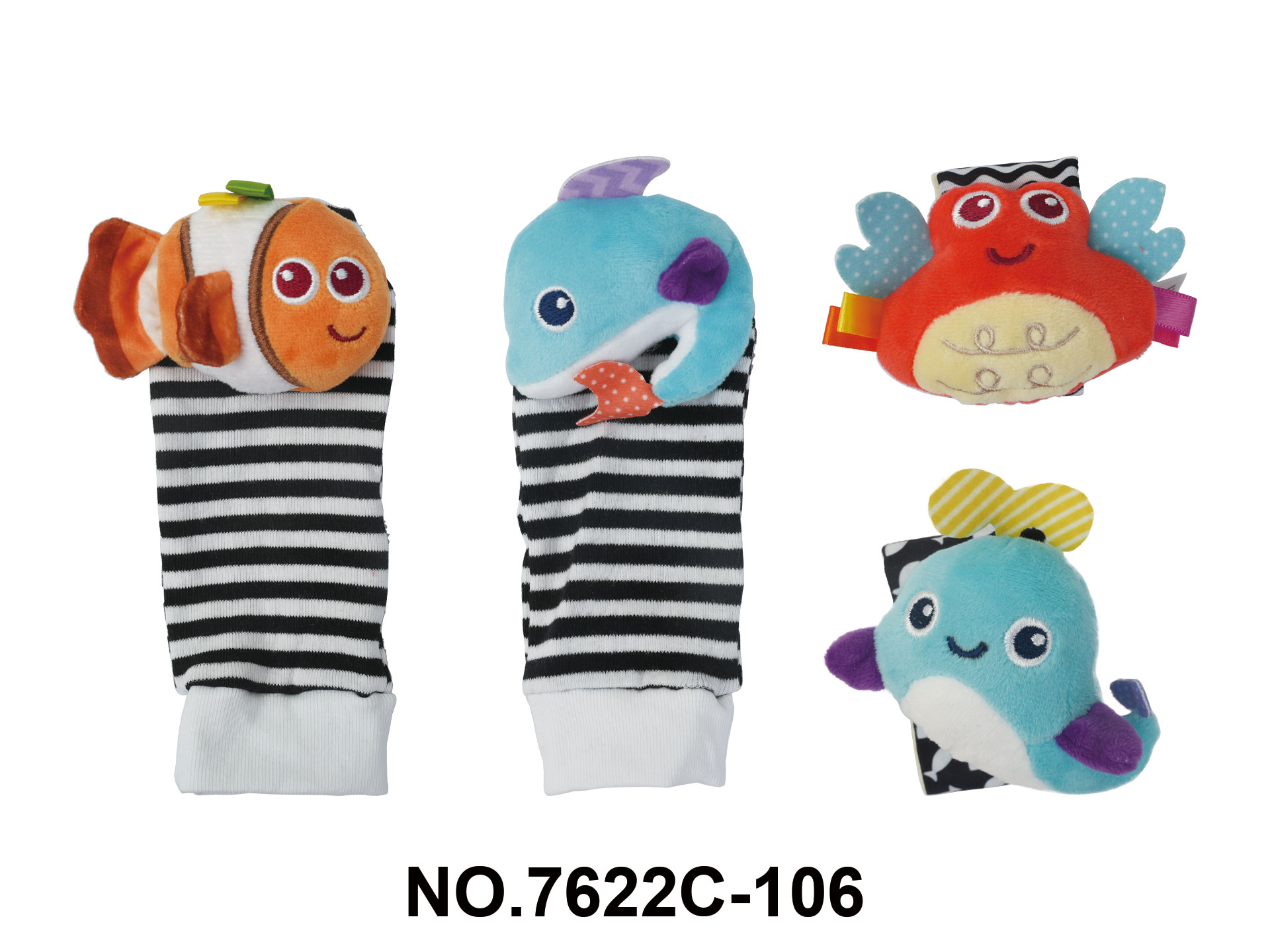 Infant Plush Toy 4-Piece Set - Black and White Striped Sea Animal Wristbands + Rattle Socks