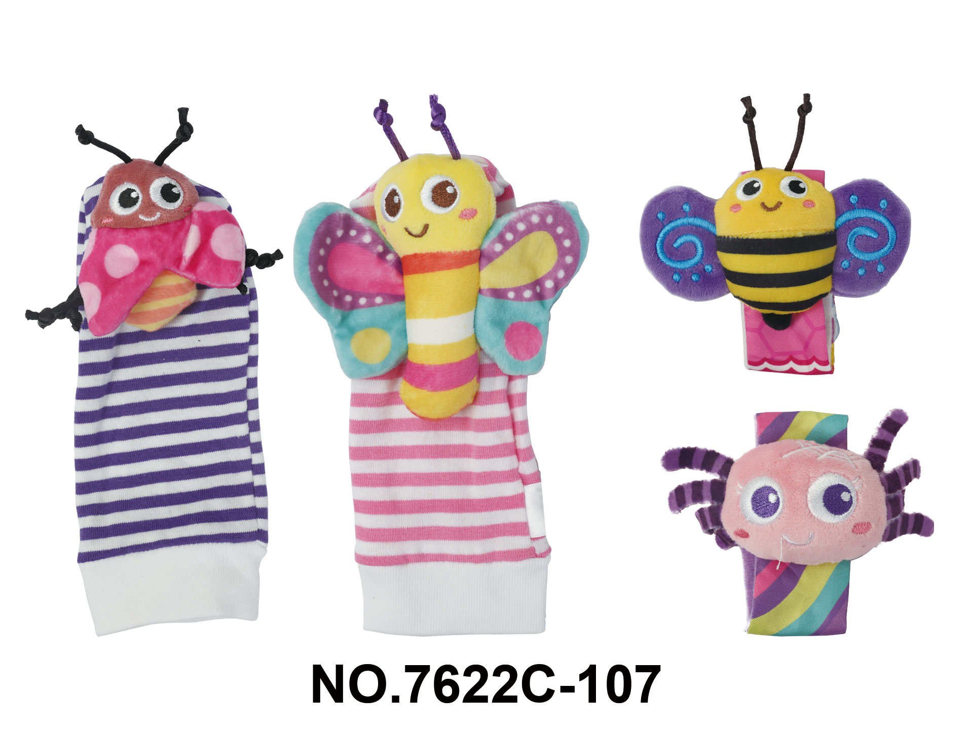 Infant Plush Toy Four-Piece Set - Pink Bee + Ladybug Wristband + Rattle Socks