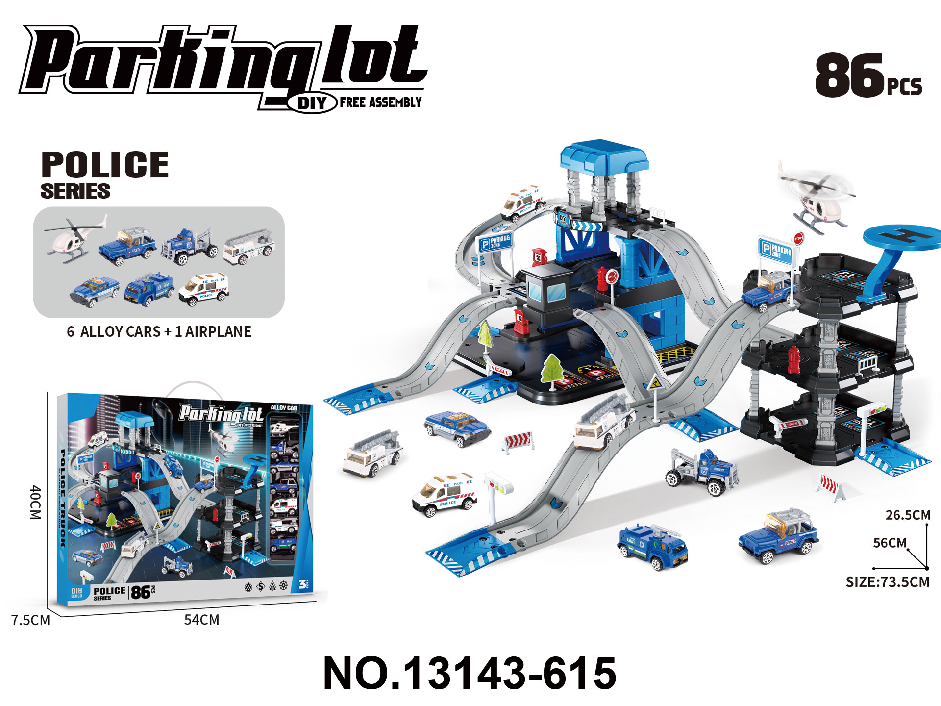 Police Station Track Three-Story Parking Lot with Three-Story Building Parking Set 86PCS