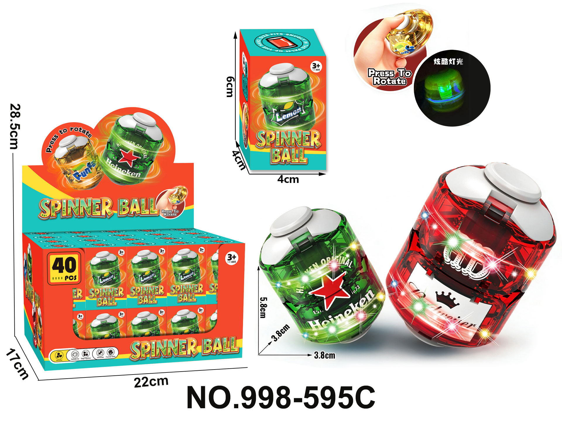 Vibrating Light-Up Dual-Color Spinning Stress-Relief Beer-Shaped Ball Fidget Spinner with 2 AG3 Batteries
