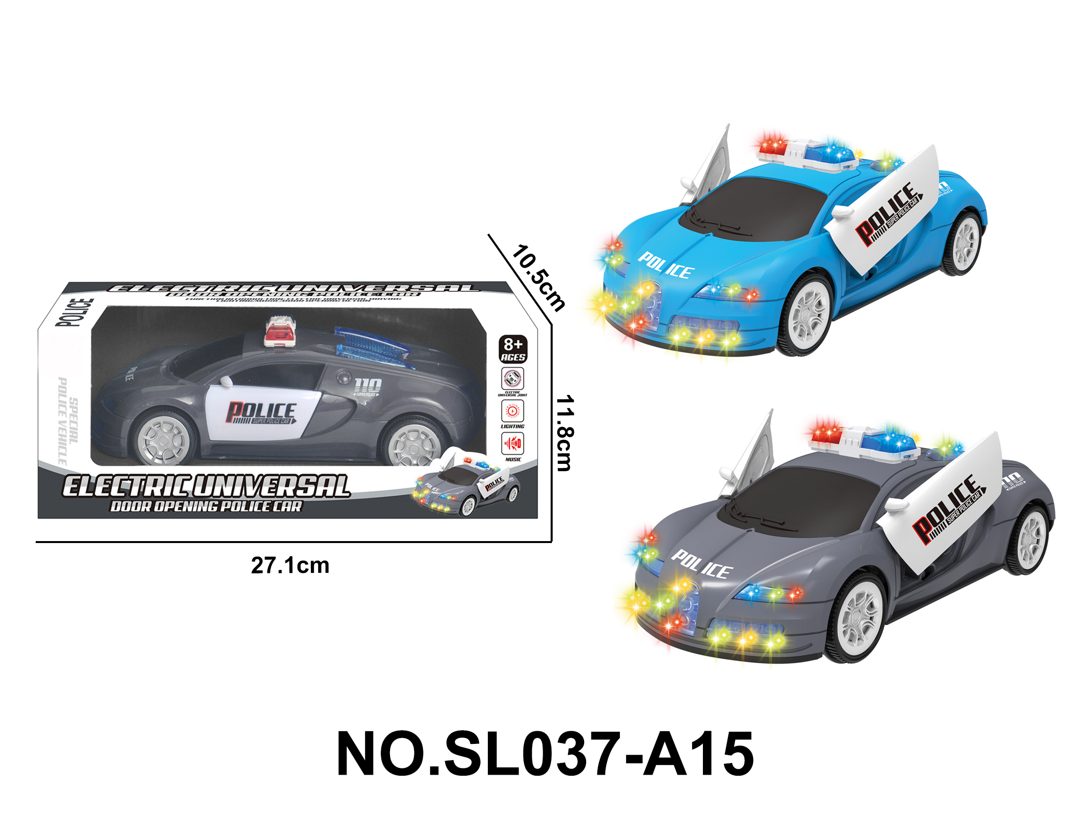 Electric Omnidirectional Police Car with Opening Doors/Electric Omnidirectional Movement/Lights/Music/Door-Opening Action