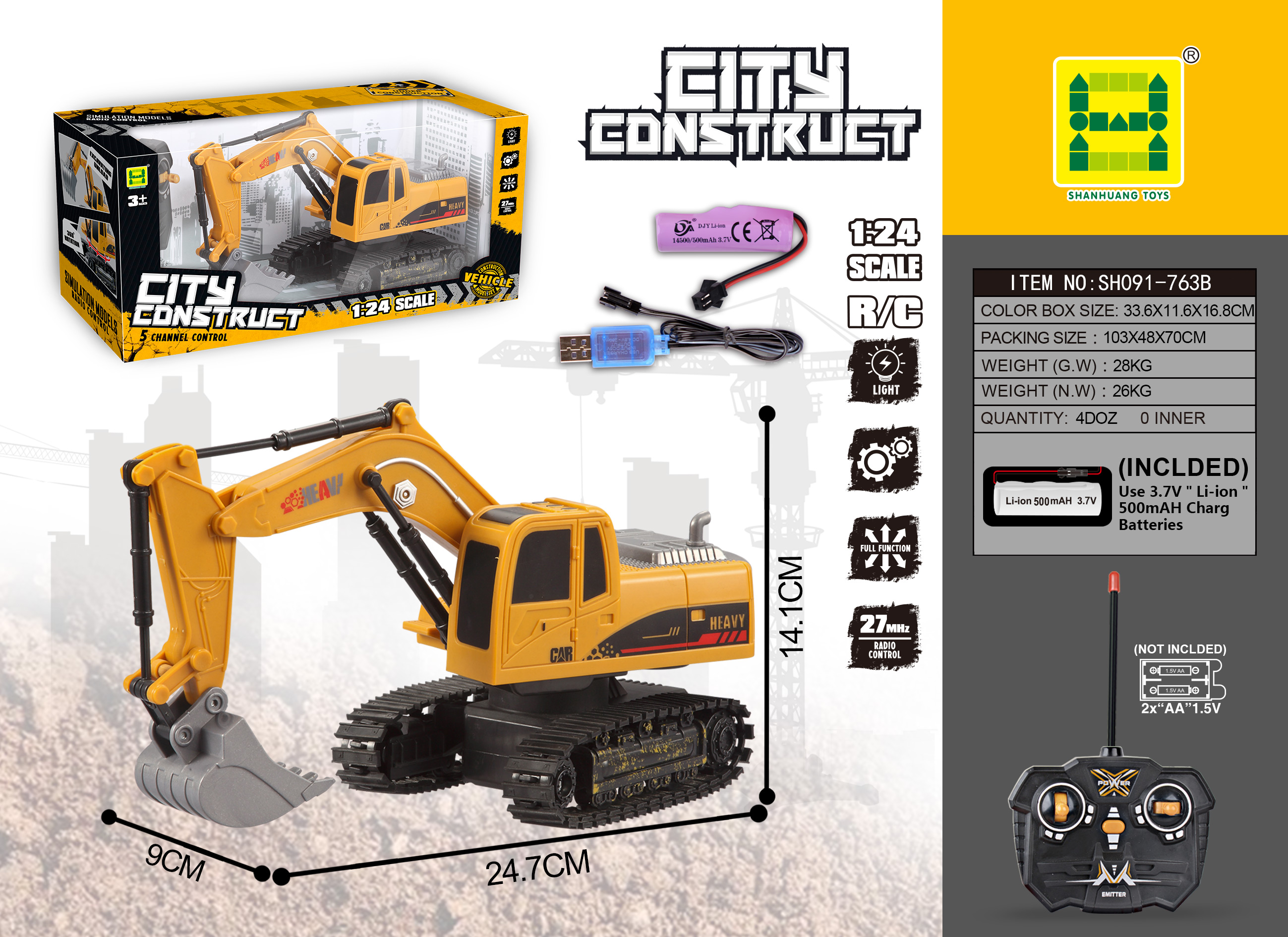 1:24 Five-Way Remote Control Tracked Excavator with Lights (Includes 3.7V Lithium Battery + USB Cable) - GCC Certified