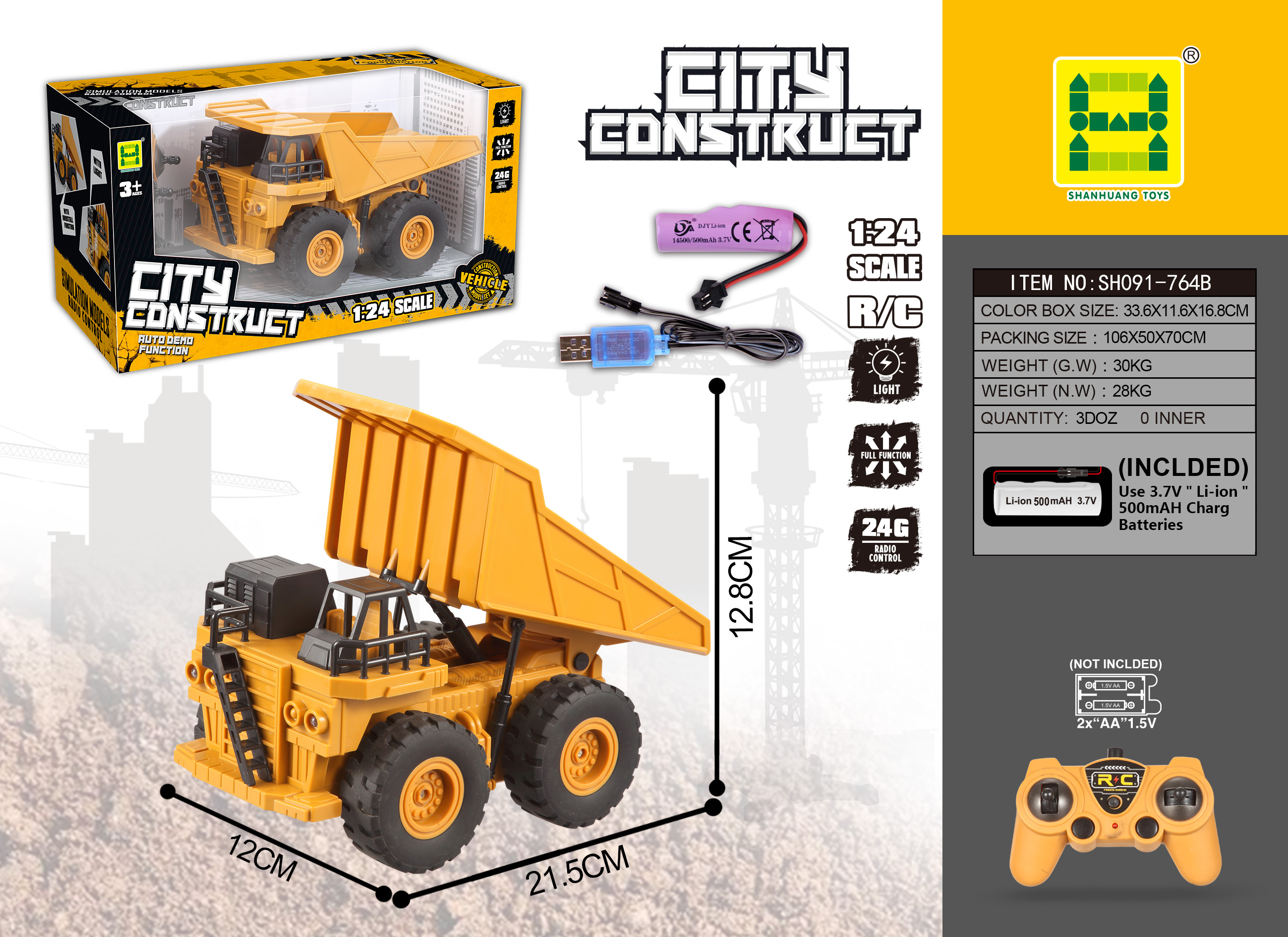 1:24 Scale 2.4GHz 7-Channel Light-Engineering Dump Remote Control Truck (Includes 3.7V Li-ion Battery + USB Cable) with GCC Certification