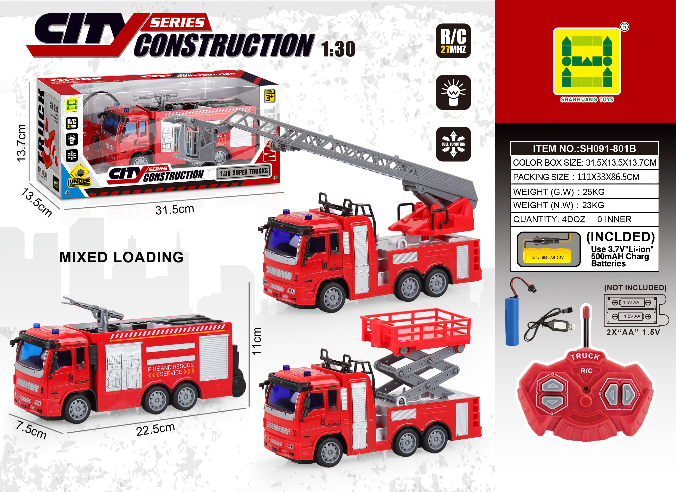1:30 Scale Four-Way Light Remote Control Fire Truck (Includes 3.7V Lithium Battery + USB Cable) with GCC Certification