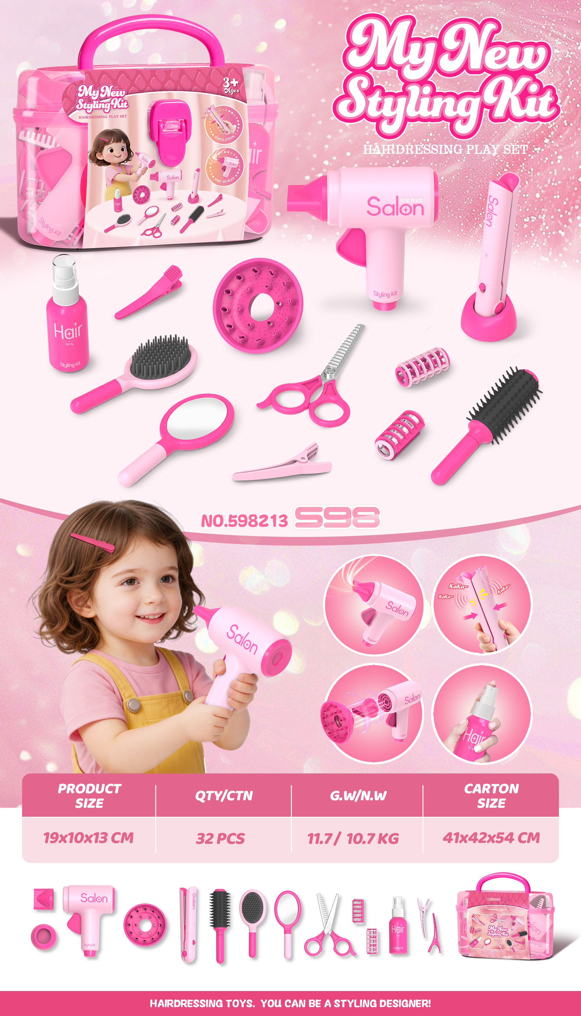 New Hair Styling Toy Set (Fully CPC and 3C Certified) - Inertia Hair Dryer, Hair Straightener, Curling Iron, Scissors, Hair Clips, Comb, Makeup Mirror, Simulation Design, Dress-Up Princess Pretend Play, Role-Playing Game, Children's Costume Accessories, M