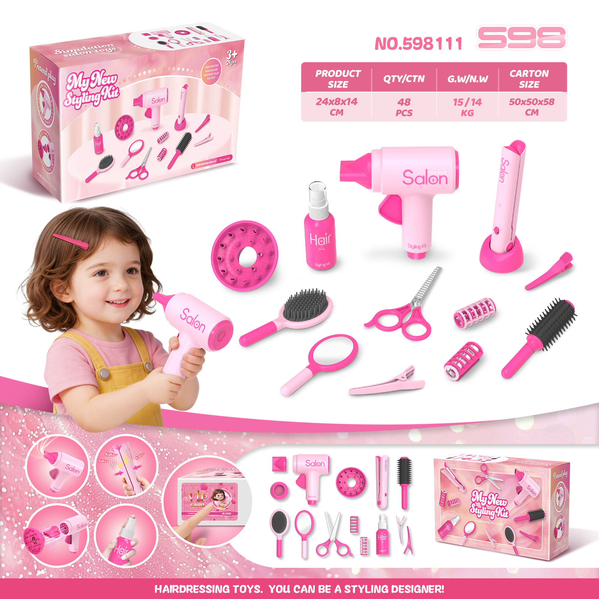 New Hair Styling Toy Set (Fully Certified CPC, 3C) - Inertial Hair Dryer, Flat Iron, Curling Iron, Scissors, Hair Clips, Comb, Makeup Mirror, Realistic Design, Dress-Up Princess Pretend Play, Role-Playing Game, Children's Model Toy Gift, Cross-Border E-Co