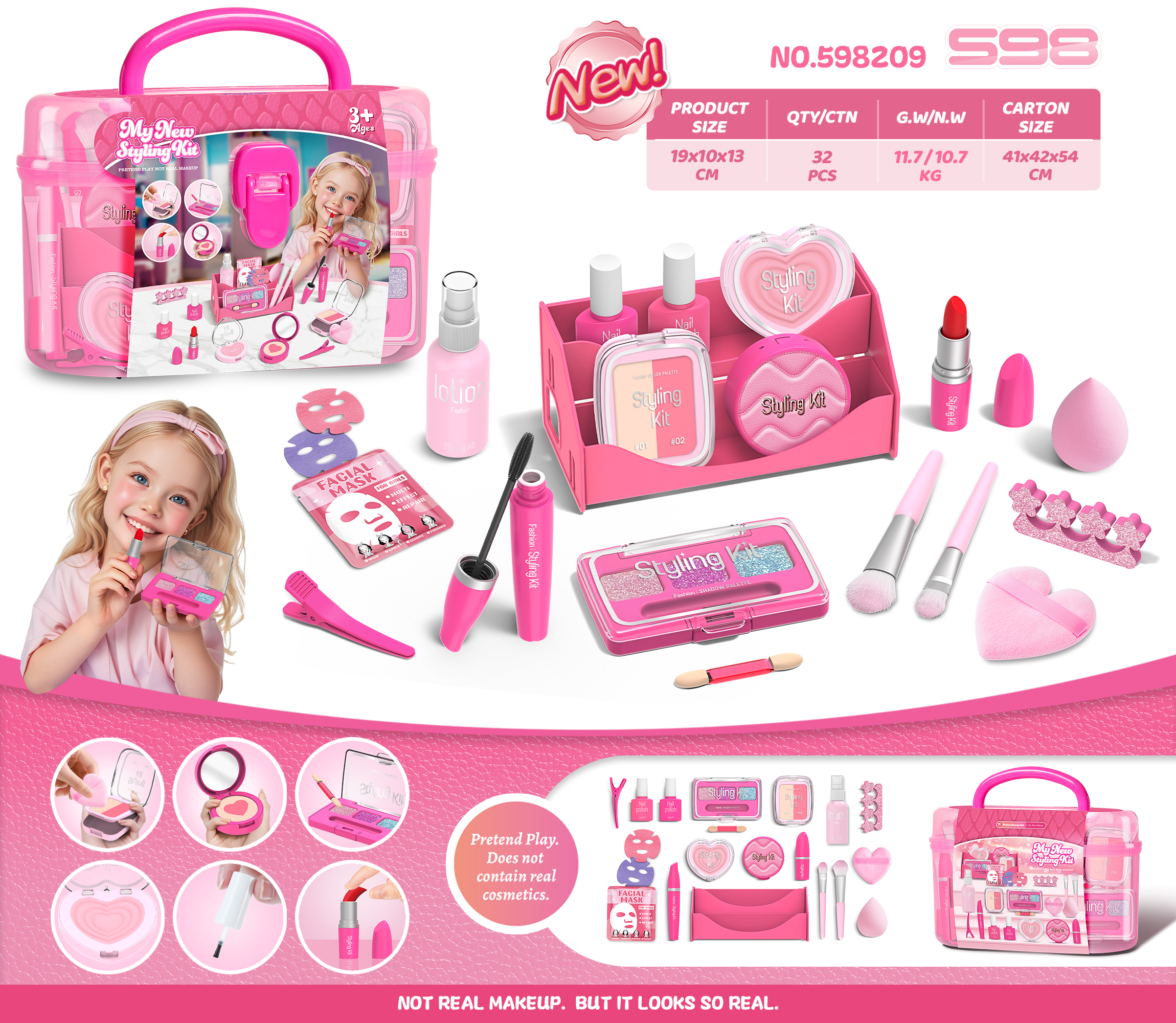 2026 New Arrival (Non-Smearing, Liquid-Free) with Full CPC Export Certification - Simulated Makeup Accessories, Pretend Play Cosmetics for Girls, Princess Dress-Up, Role-Playing Game Set Including Mascara, Blush, Eyeshadow Palette, Lipstick, Nail Polish B
