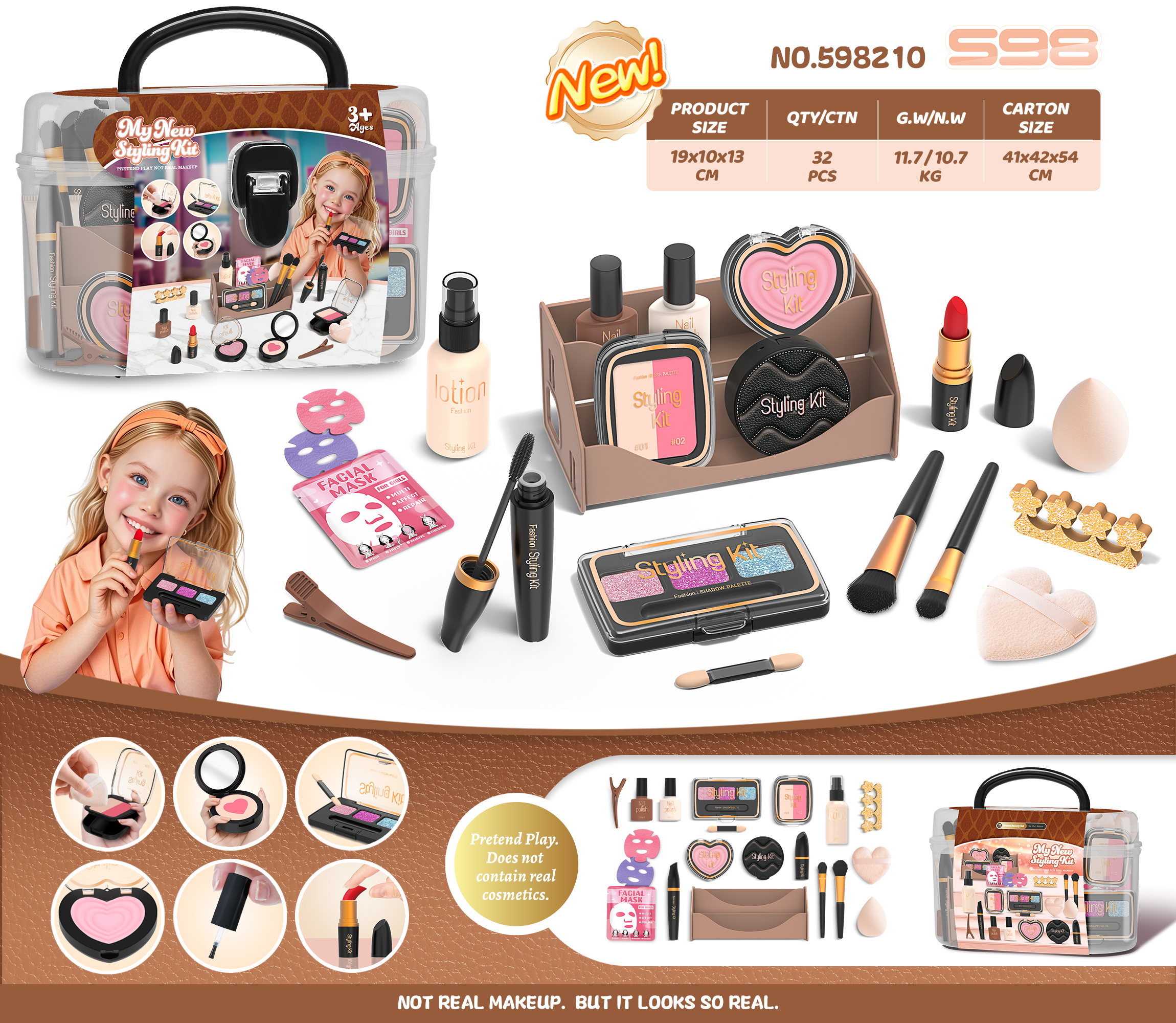 2026 New Arrival (Non-Smearing, Liquid-Free) with Full CPC Export Certification - Simulated Makeup Accessories, Pretend Play Cosmetics for Girls, Princess Dress-Up, Role-Playing Game Set Including Mascara, Blush, Eyeshadow Palette, Lipstick, Nail Polish B