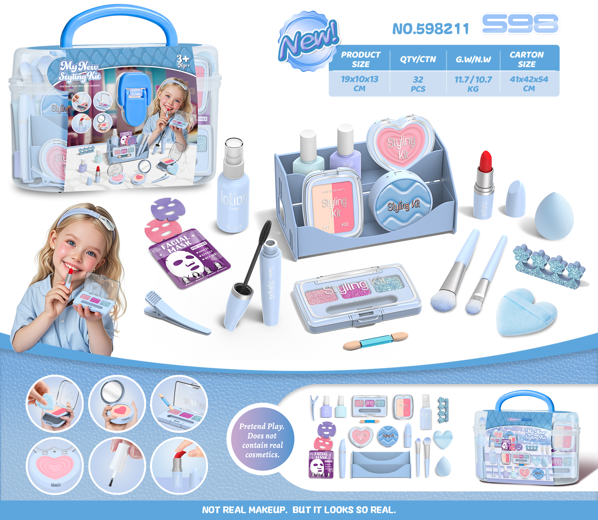 2026 New Arrival (Non-Smearing, Liquid-Free) with Full CPC Export Certification - Simulated Makeup Accessories, Pretend Play Cosmetics for Girls, Princess Dress-Up, Role-Playing Game Set Including Mascara, Blush, Eyeshadow Palette, Lipstick, Nail Polish B
