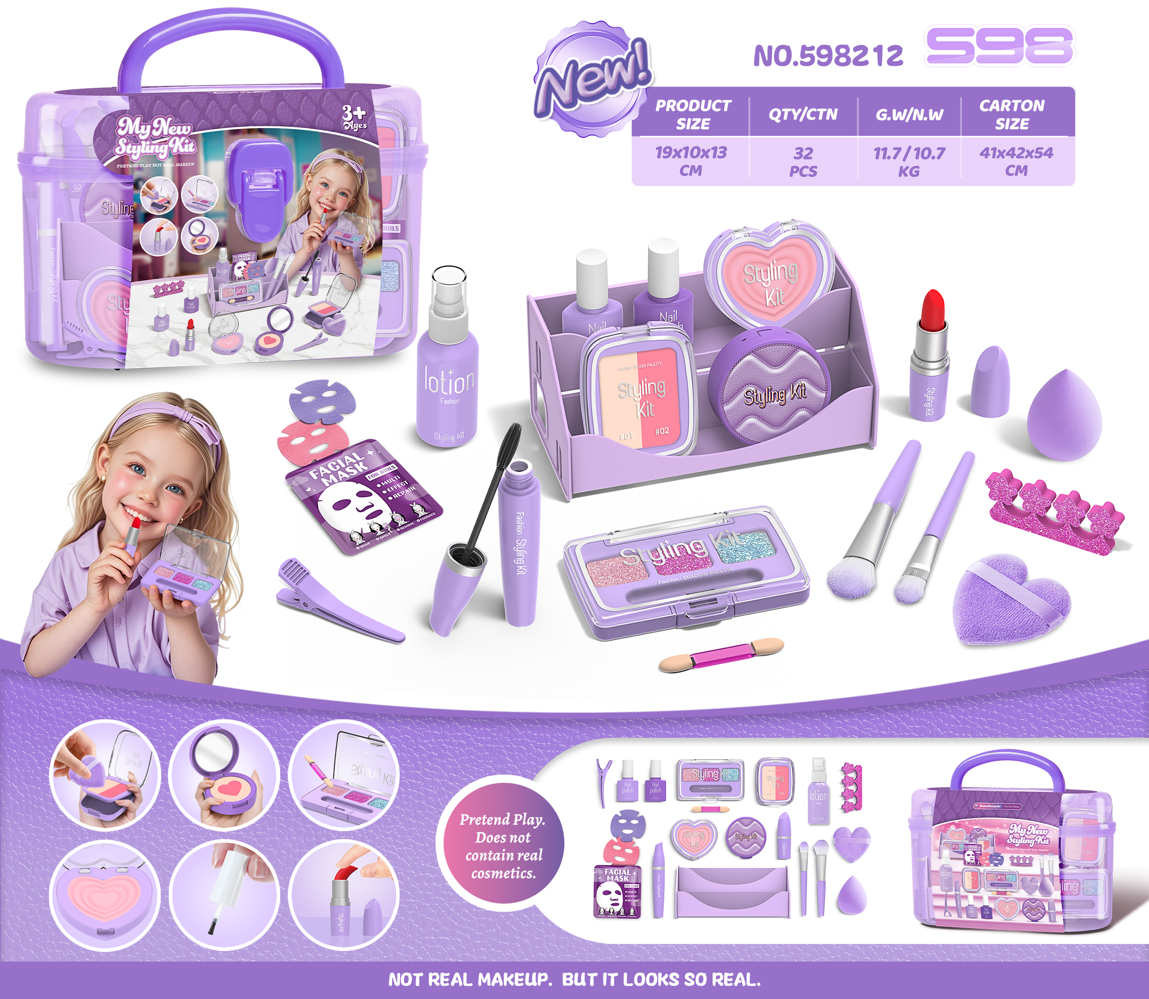 2026 New Arrival (Non-Smearing, Liquid-Free) with Full CPC Export Certification - Simulated Makeup Accessories, Pretend Play Cosmetics for Girls, Princess Dress-Up, Role-Playing Game Set Including Mascara, Blush, Eyeshadow Palette, Lipstick, Nail Polish B