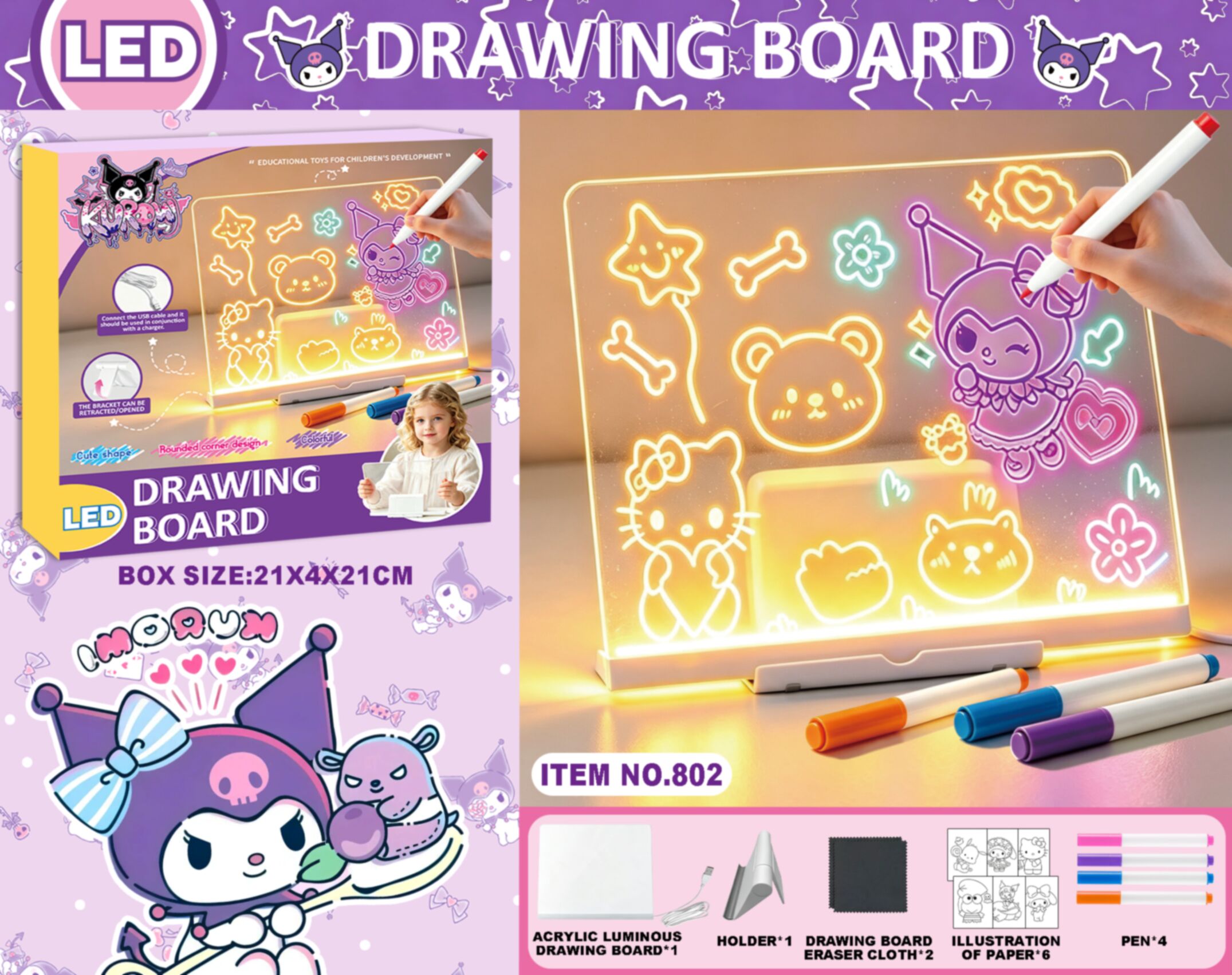 Kuromi LED Writing Board - Kids' Glow Drawing Pad