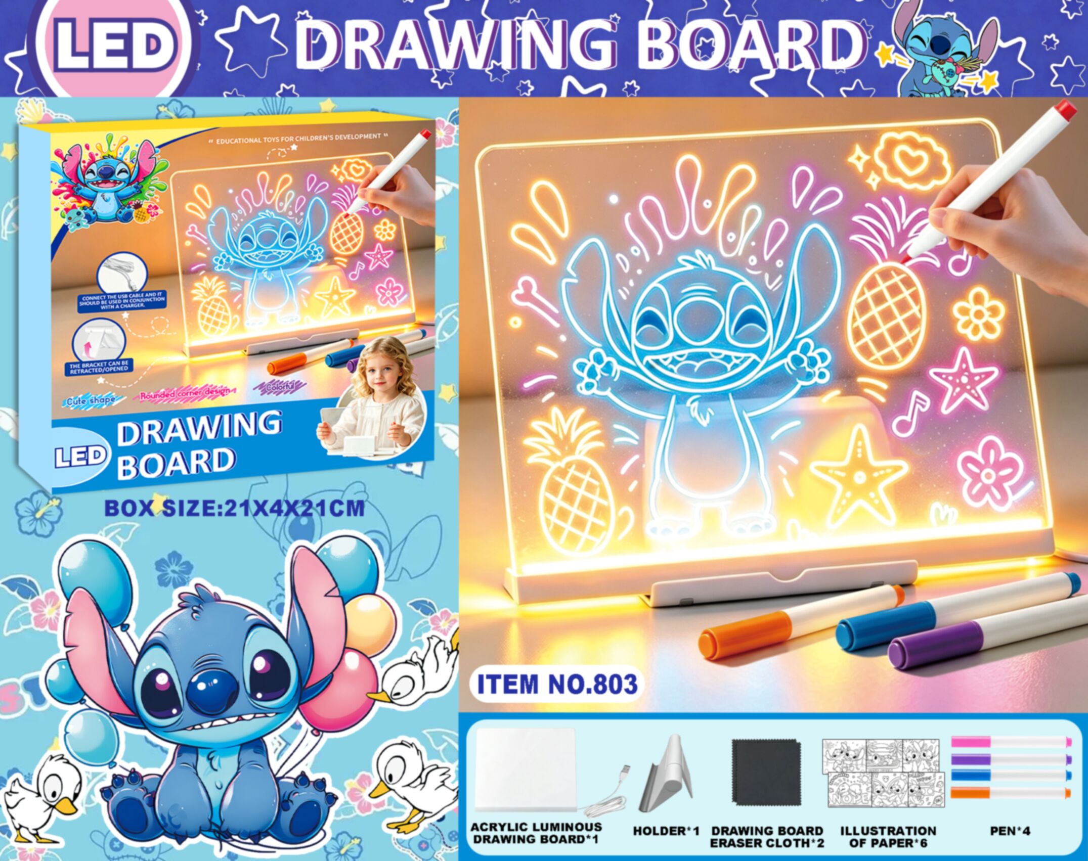 Stitch Glow-in-the-Dark Drawing Board Light-Up Writing Pad for Kids