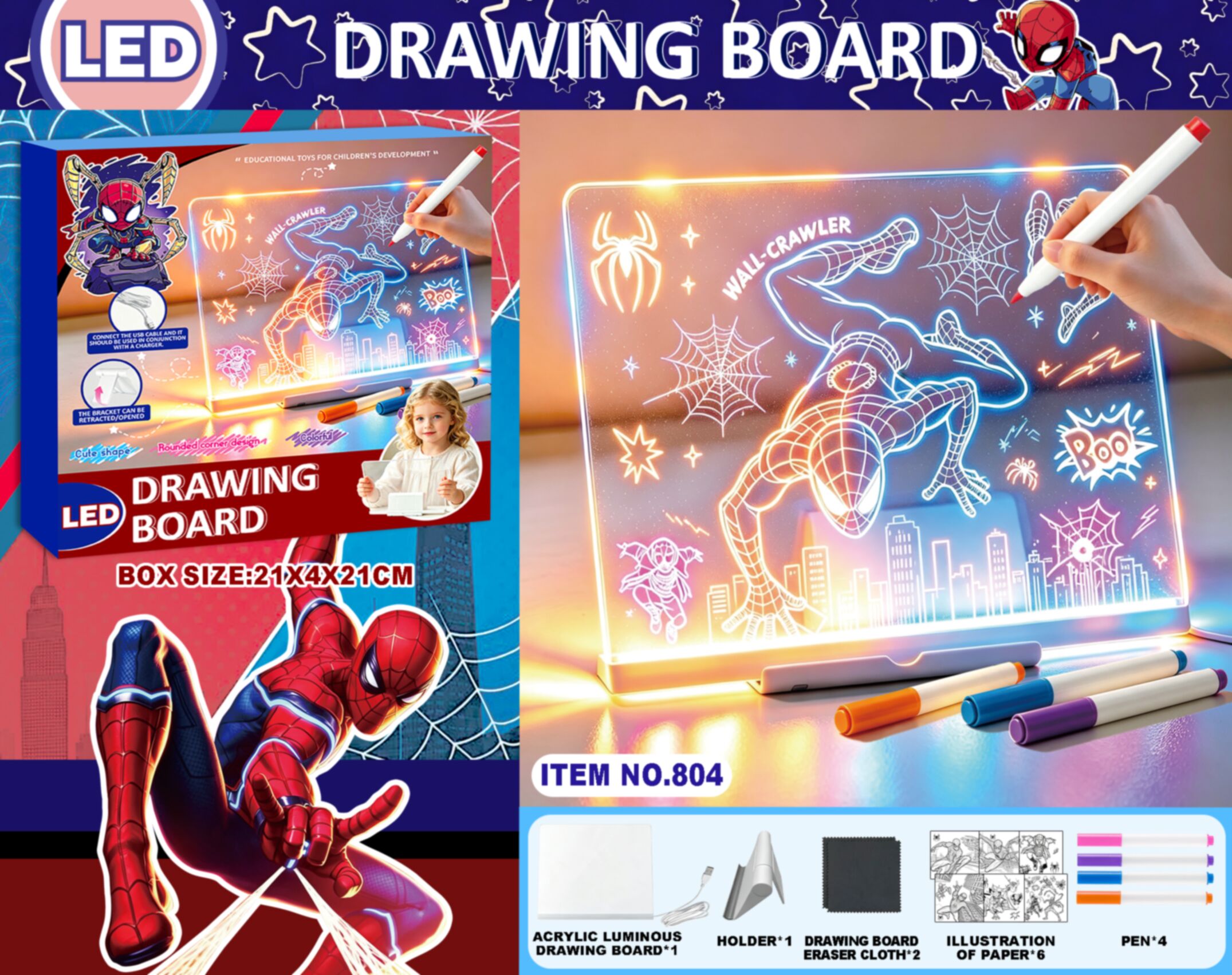 Spider-Man Glow-in-the-Dark Writing Board Kids' Light-Up Drawing Pad