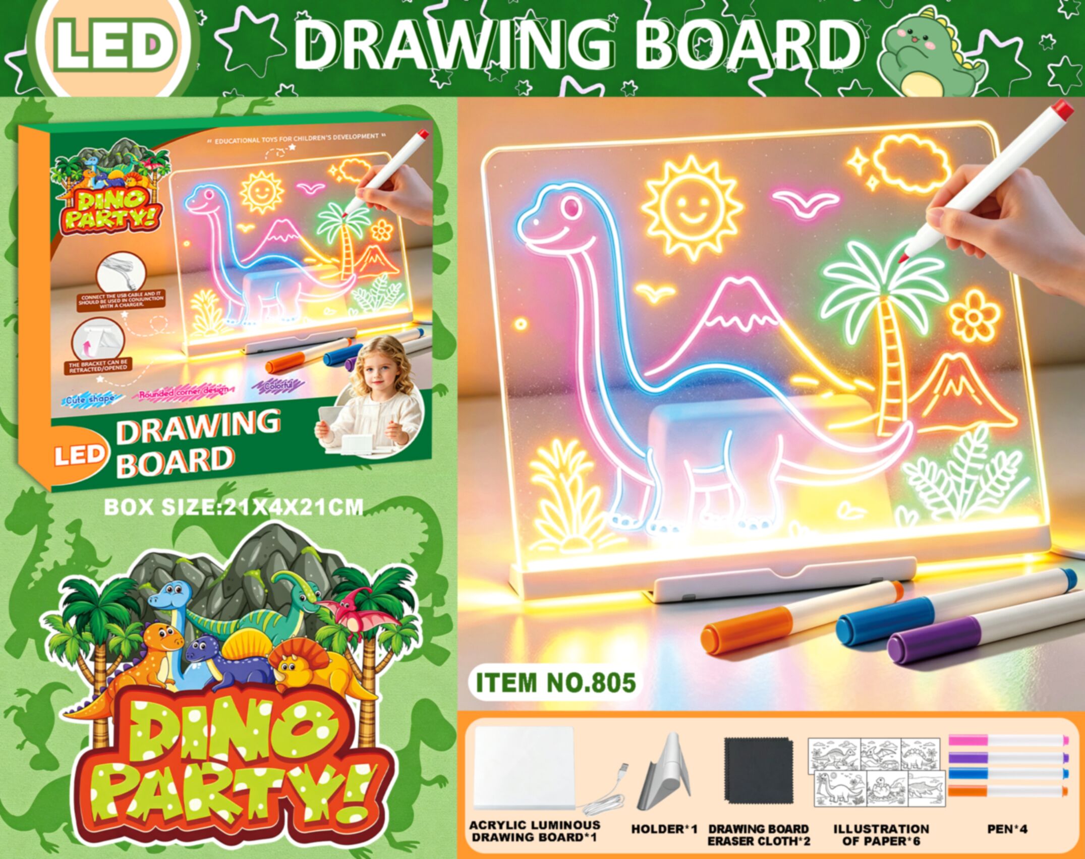 Dinosaur Glow Drawing Board - Kids DIY Fluorescent Painting Toy