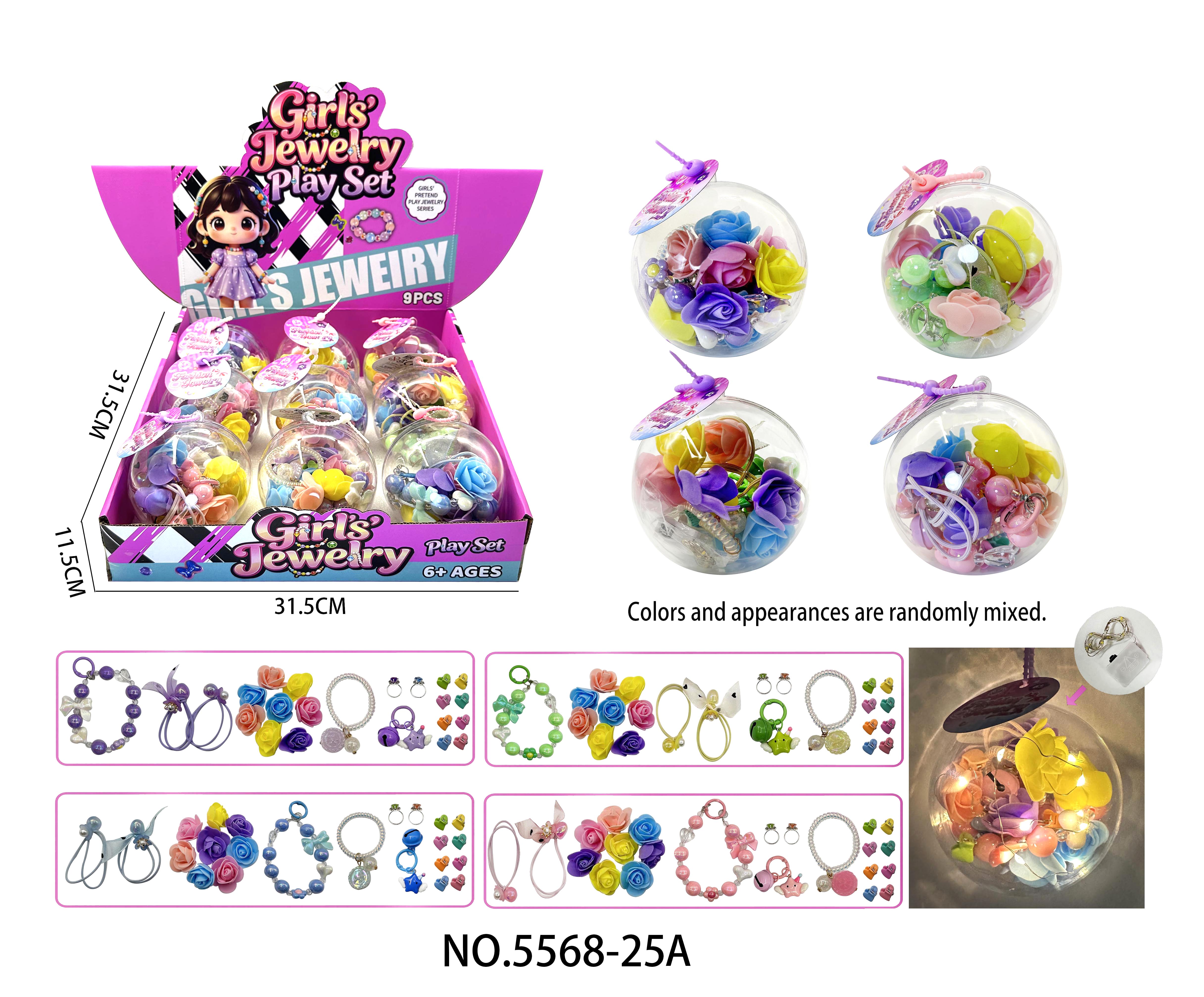 Crystal Clear Ball Girl DIY Phone Strap + Keychain + Hair Clip + Flower (1 Display Box with 9 Small Boxes) Assorted Styles (with Light)