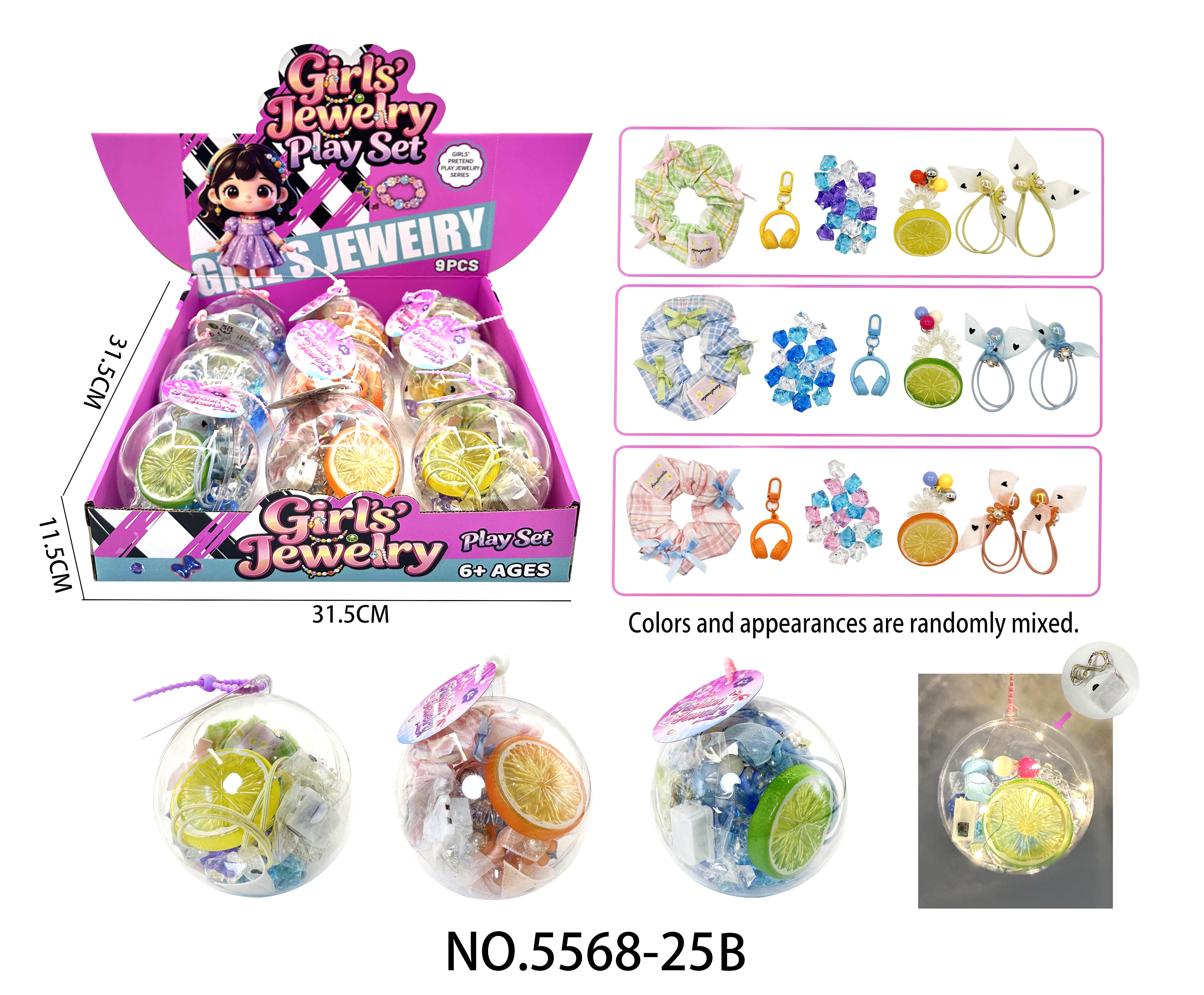 Crystal Clear Ball Girl DIY Sweet Hair Ties + Keychain + Clear Fruit Hair Bands (1 Display Box with 9 Small Boxes) Assorted Styles Randomly Packed (with Light)